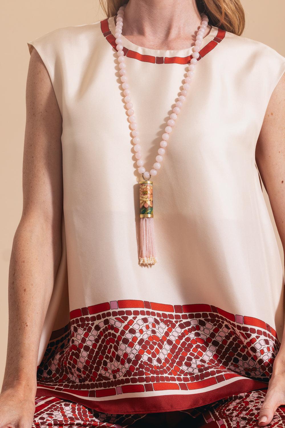 Rose Quartz Pearl Cylinder Necklace-YELLOW GOLD-JEWELRYFINE JEWELNECKLACE O-SILVIA FURMANOVICH