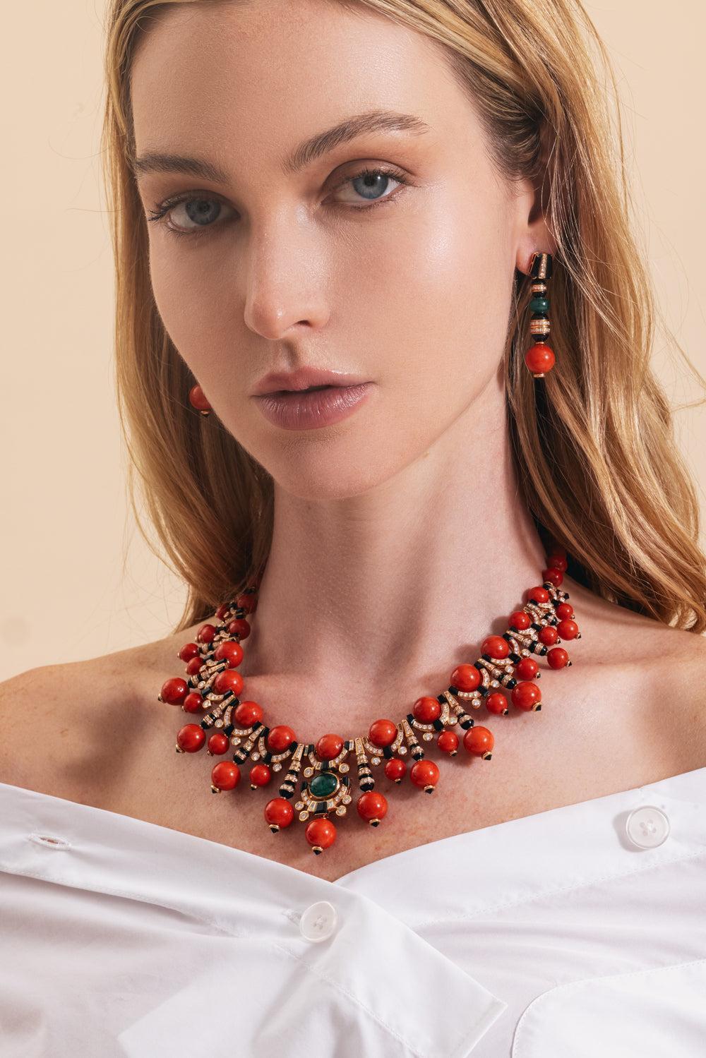 Diamond Emerald Coral Black Onyx Necklace-ROSE GOLD-JEWELRYFINE JEWELNECKLACE O-ANDREOLI