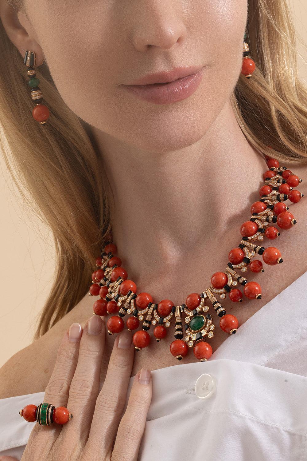 Diamond Emerald Coral Black Onyx Necklace-ROSE GOLD-JEWELRYFINE JEWELNECKLACE O-ANDREOLI