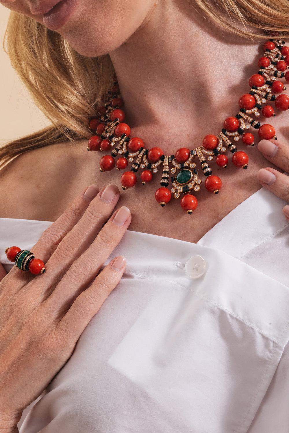 Diamond Emerald Coral Black Onyx Necklace-ROSE GOLD-JEWELRYFINE JEWELNECKLACE O-ANDREOLI
