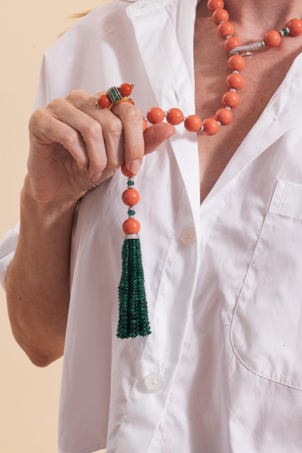 Coral Bead Tassel Necklace-WHITE GOLD-JEWELRYFINE JEWELNECKLACE O-ANDREOLI