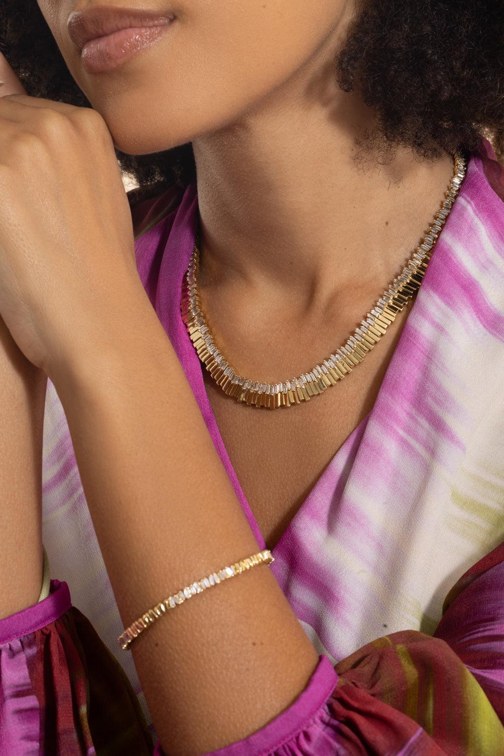 Diamond Bagguette Jagged Necklace-YELLOW GOLD-17-JEWELRYFINE JEWELNECKLACE O-SUZANNE KALAN