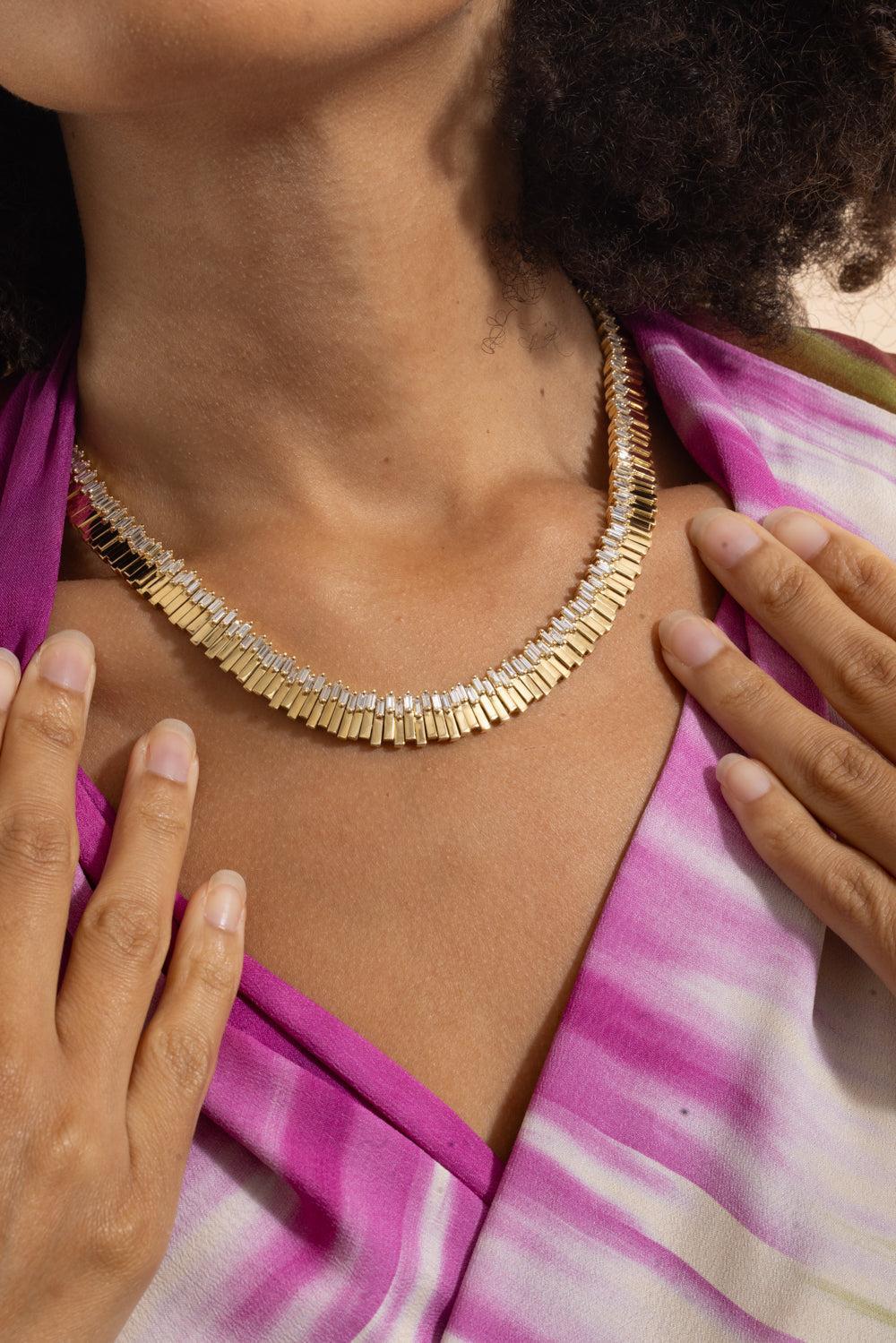 Diamond Bagguette Jagged Necklace-YELLOW GOLD-17-JEWELRYFINE JEWELNECKLACE O-SUZANNE KALAN