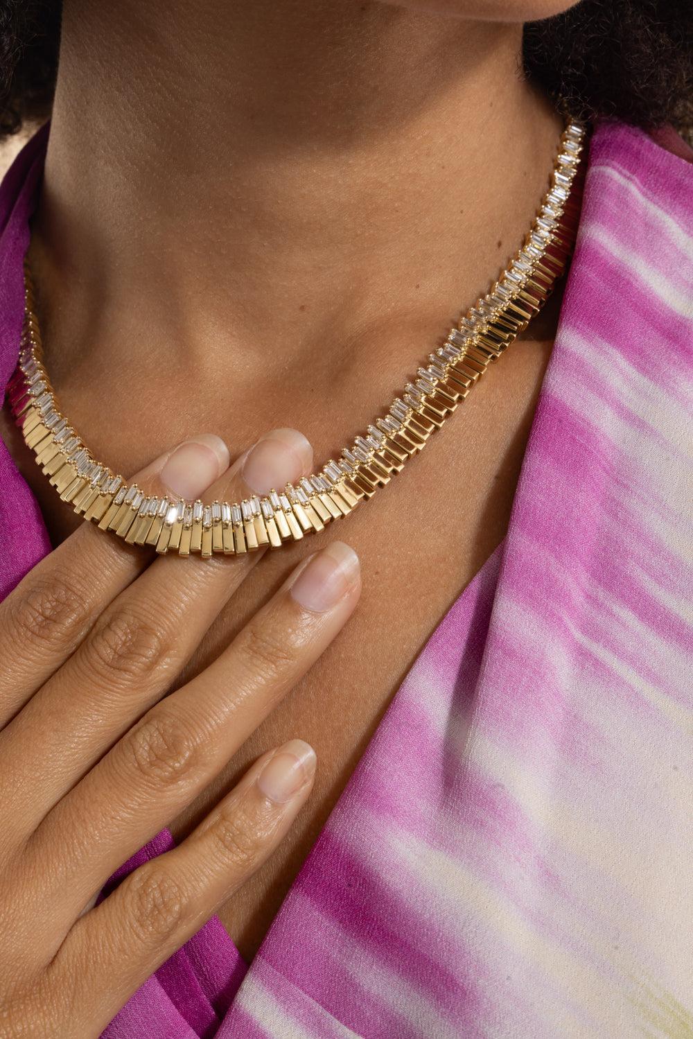 Diamond Bagguette Jagged Necklace-YELLOW GOLD-17-JEWELRYFINE JEWELNECKLACE O-SUZANNE KALAN