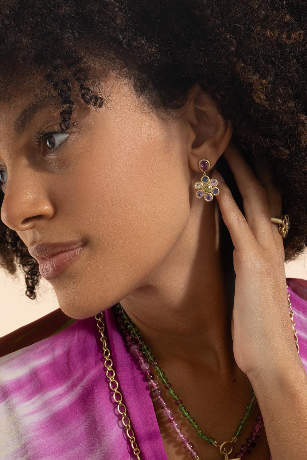 Multi Sapphire Flower Earrings-YELLOW GOLD-JEWELRYFINE JEWELEARRING-LEIGH MAXWELL