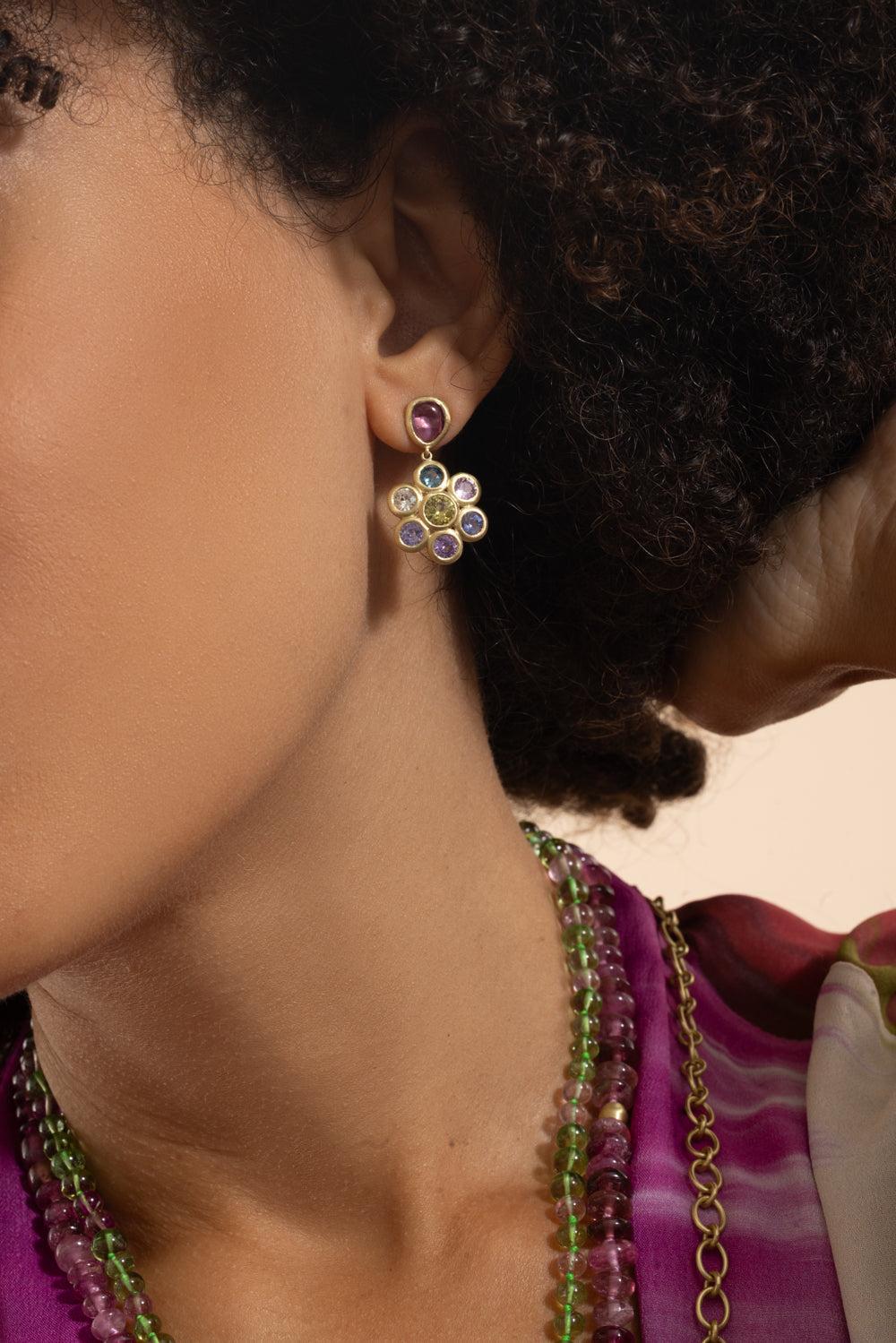 Multi Sapphire Flower Earrings-YELLOW GOLD-JEWELRYFINE JEWELEARRING-LEIGH MAXWELL