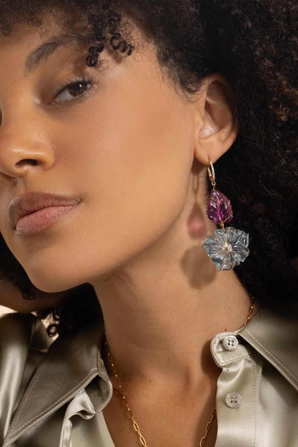 Aquamarine Rubellite Flower Earrings-YELLOW GOLD-JEWELRYFINE JEWELEARRING-LISA NIK