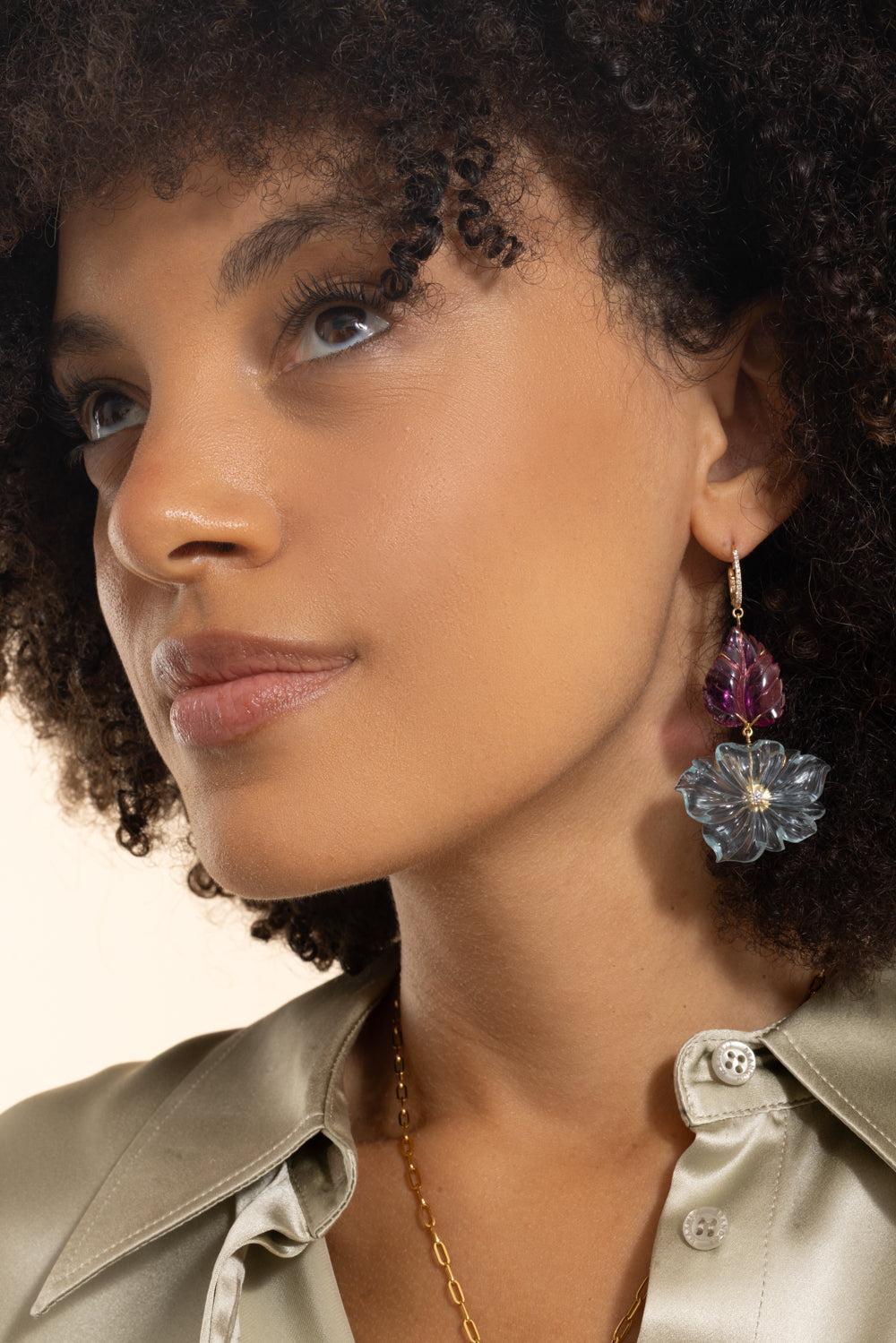 Aquamarine Rubellite Flower Earrings-YELLOW GOLD-JEWELRYFINE JEWELEARRING-LISA NIK