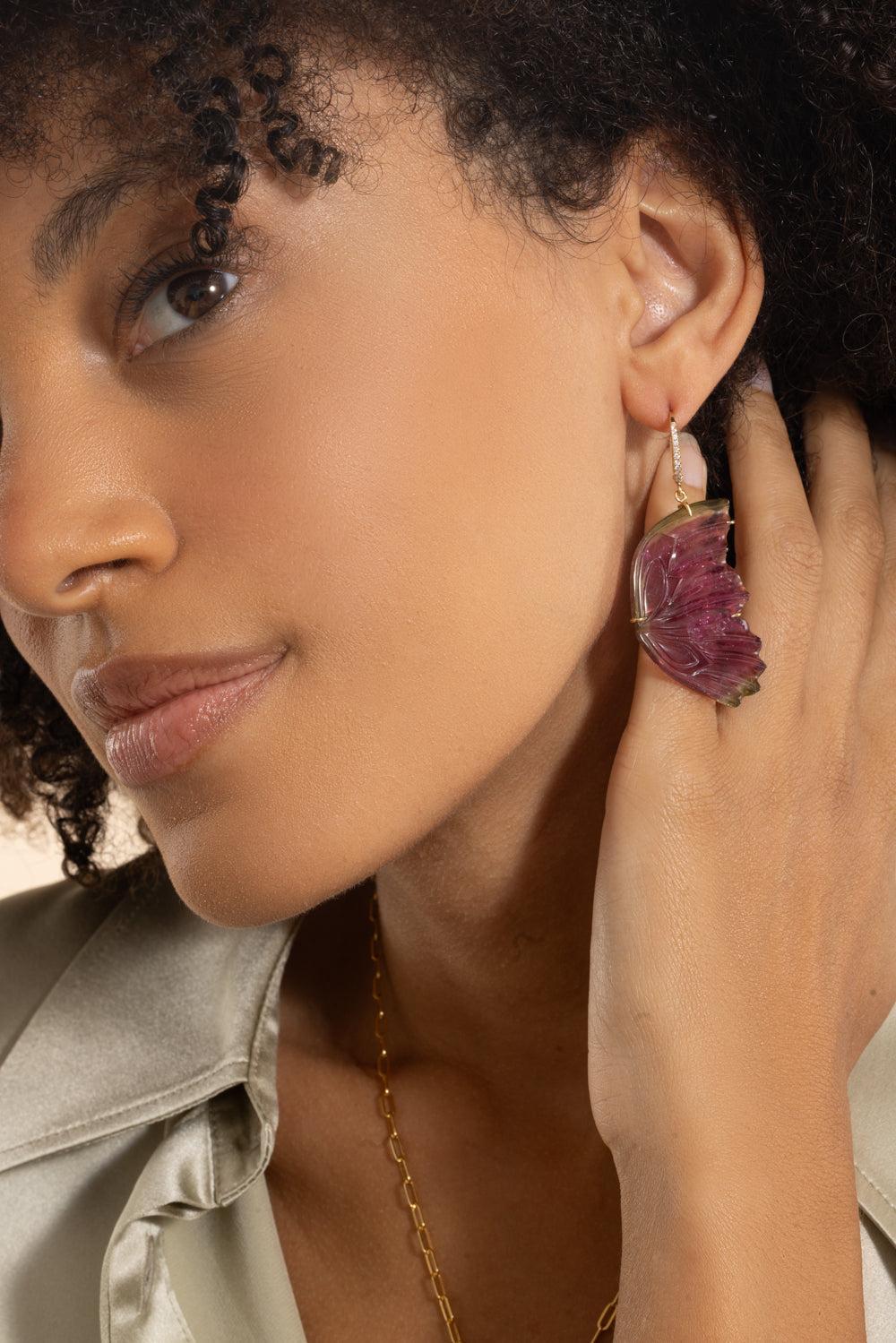 Watermelon Tourmaline Butterfly Drop Earrings-YELLOW GOLD-JEWELRYFINE JEWELEARRING-LISA NIK