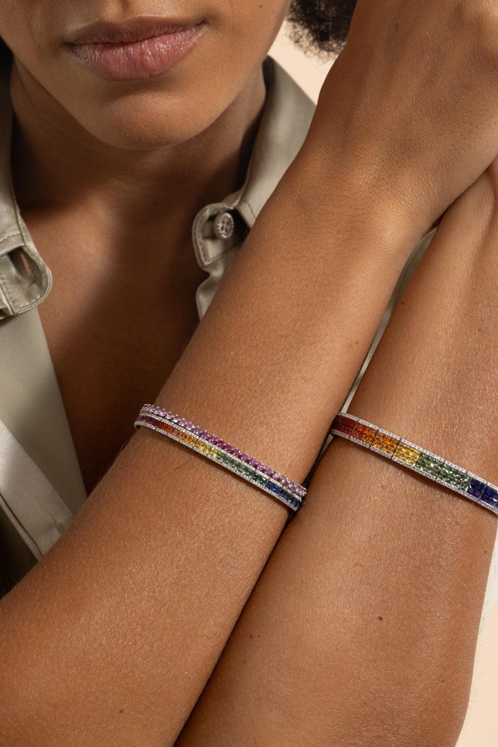 Rainbow Sapphire Double Row Bracelet-WHITE GOLD-JEWELRYFINE JEWELBRACELET O-LISA NIK