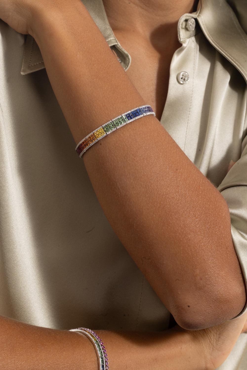 Rainbow Sapphire Double Row Bracelet-WHITE GOLD-JEWELRYFINE JEWELBRACELET O-LISA NIK
