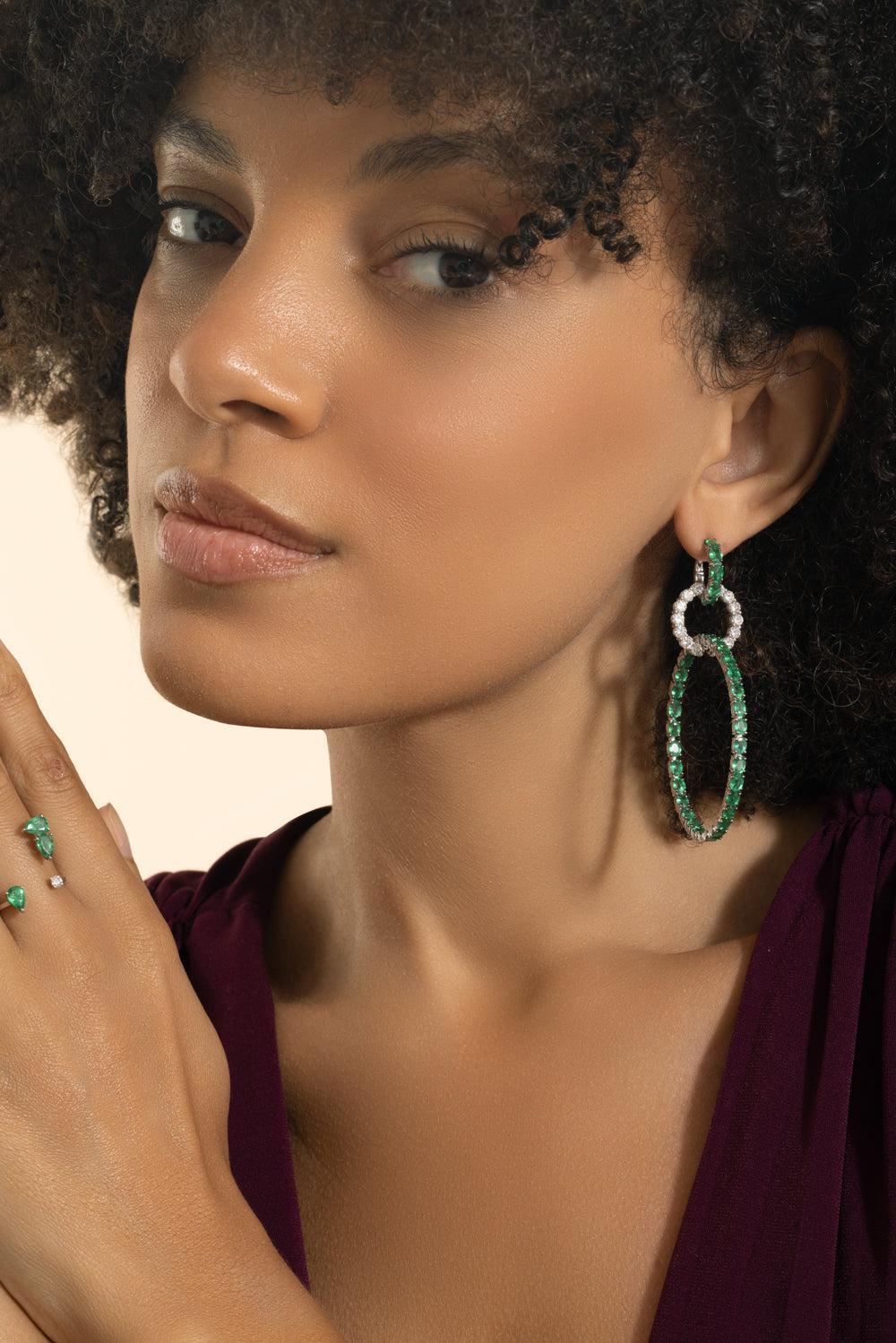 Emerald Diamond Drop Hoop Earrings-WHITE GOLD-JEWELRYFINE JEWELEARRING-STEFERE