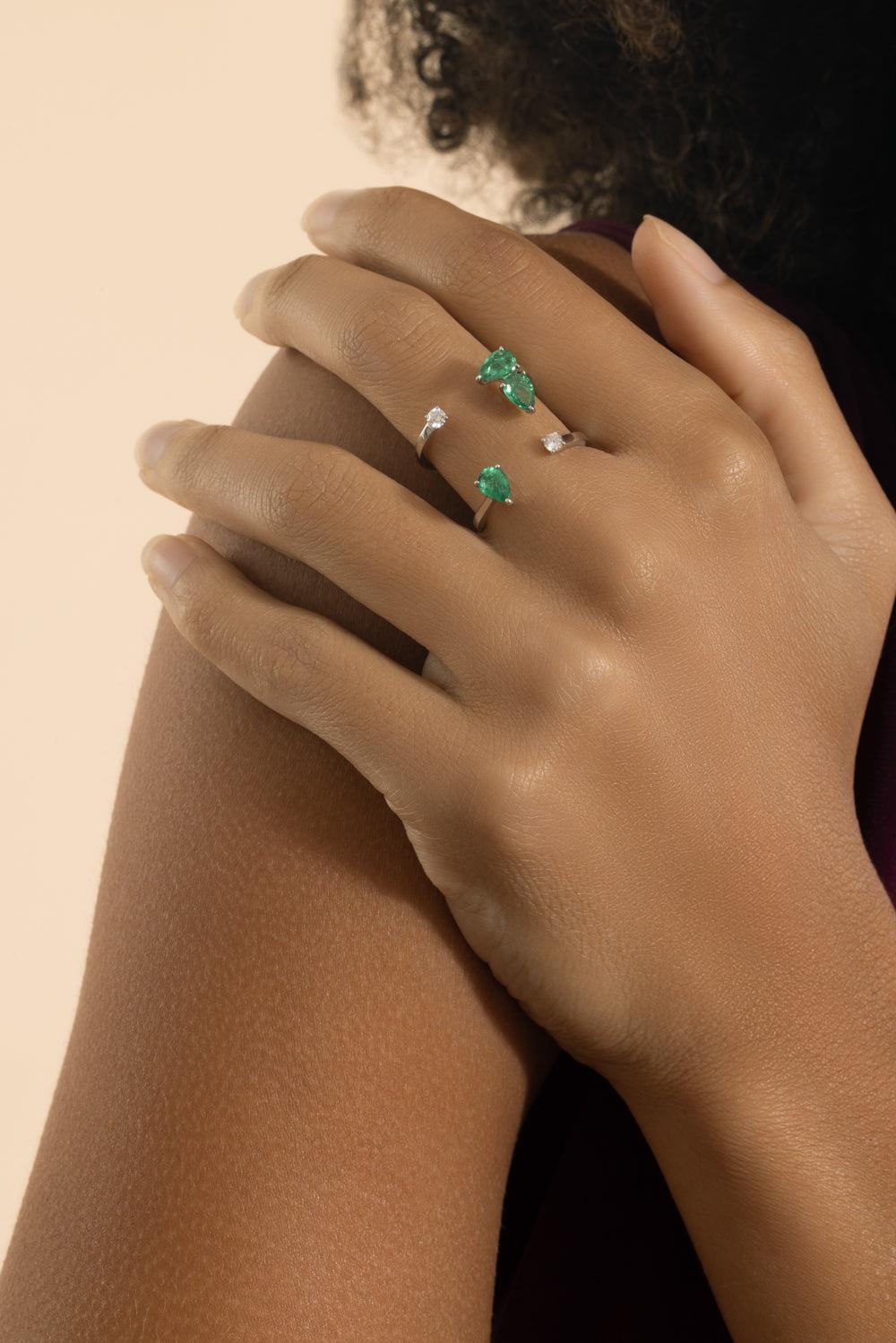 Emerald Diamond Open Ring-WHITE GOLD-7-JEWELRYFINE JEWELRING-STEFERE