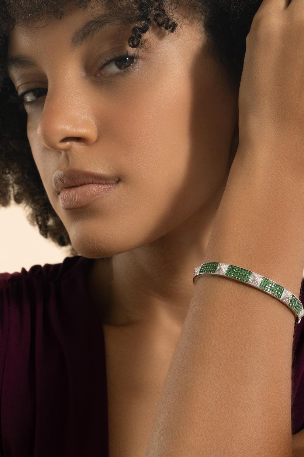Diamond Tsavorite Spike Bangle Bracelet-WHITE GOLD-JEWELRYFINE JEWELBRACELET O-STEFERE