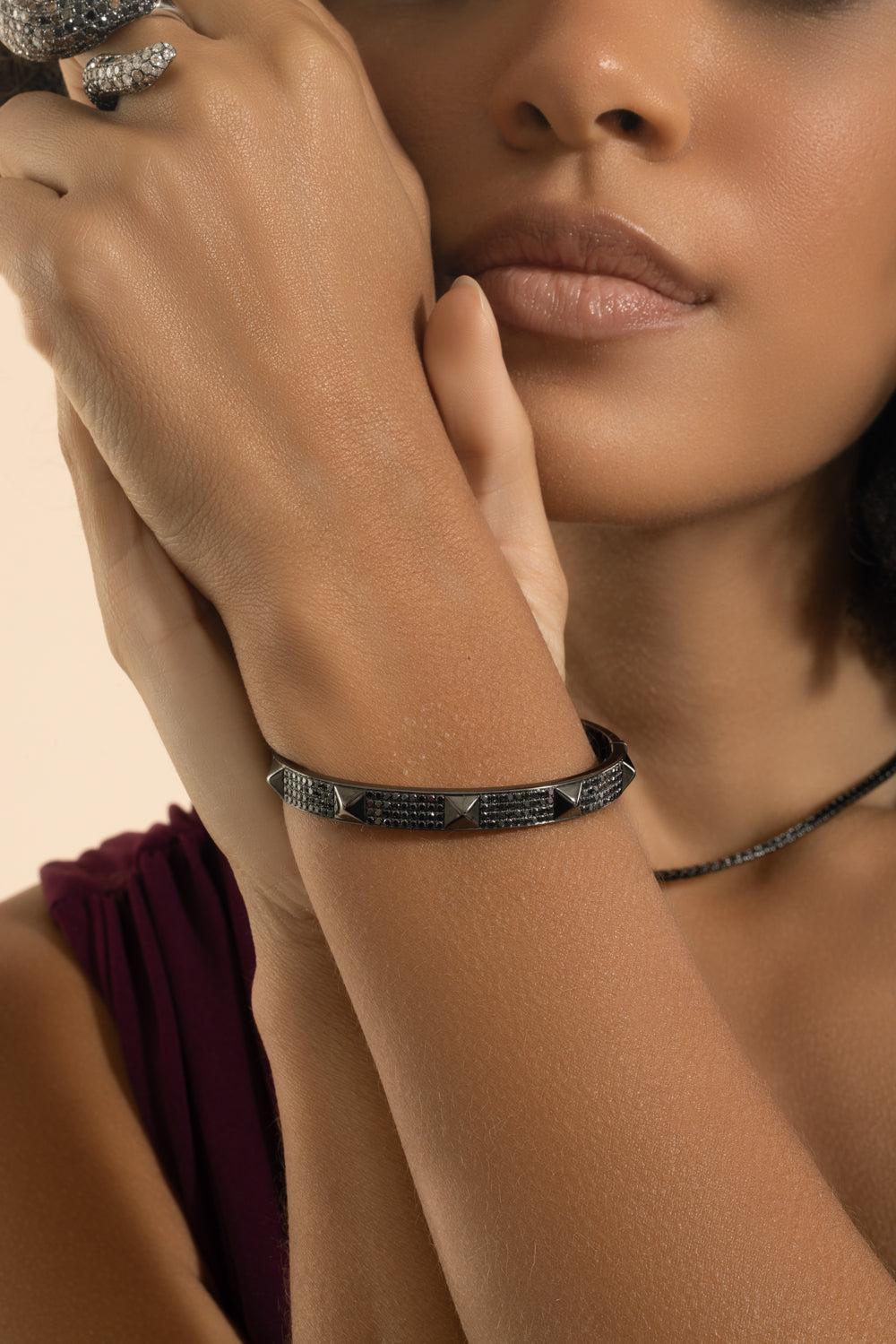 Black Diamond Spike Bangle Bracelet-WHITE GOLD-JEWELRYFINE JEWELBRACELET O-STEFERE