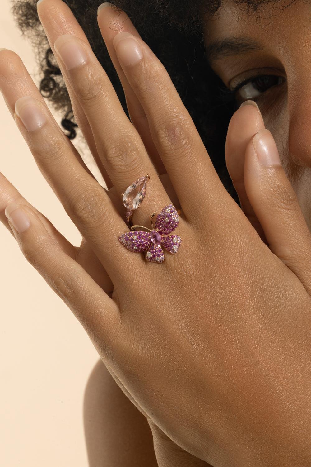 Pink Sapphire Butterfly Open Ring-YELLOW GOLD-7-JEWELRYFINE JEWELRING-STEFERE