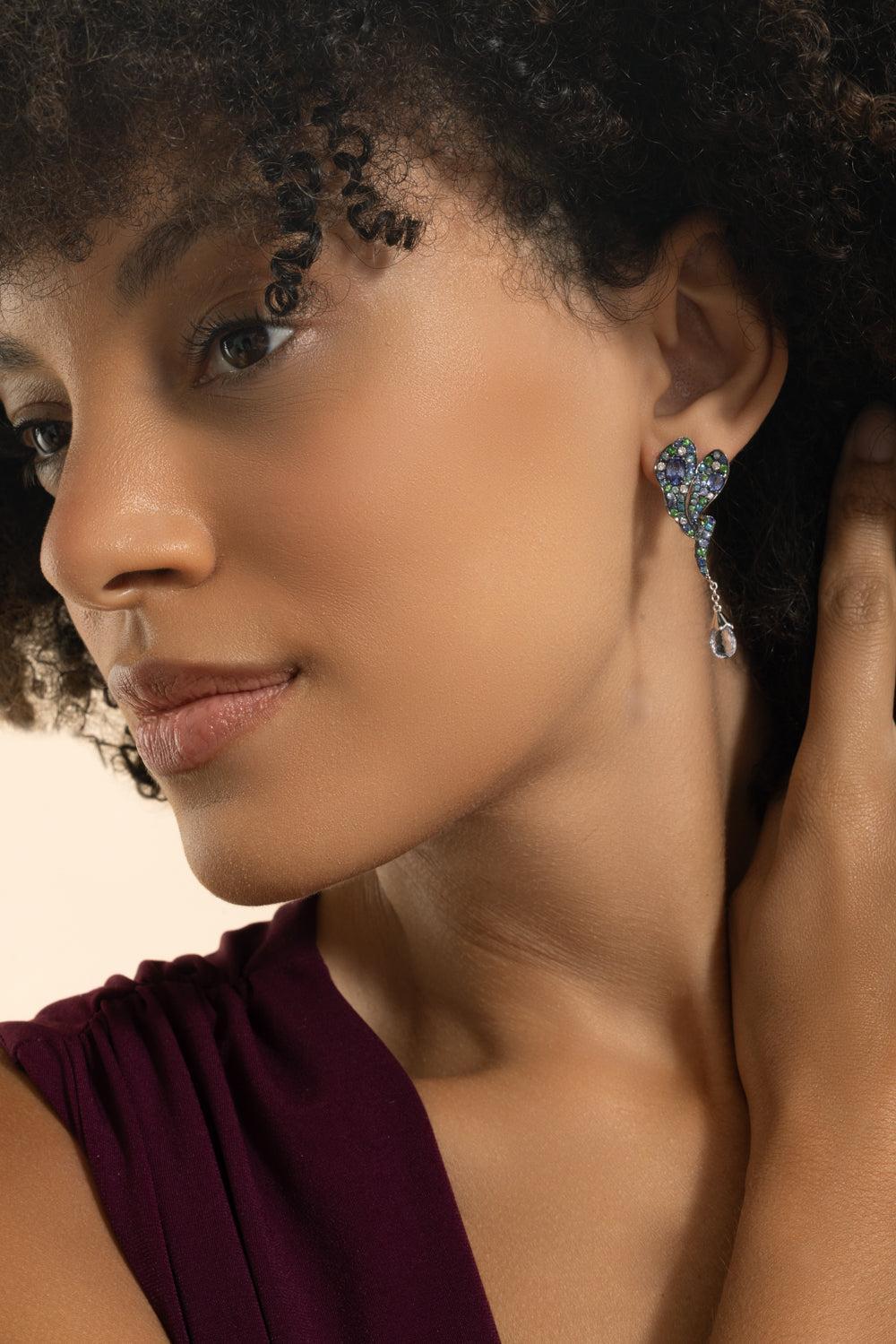 Blue Sapphire Diamond Garnet Drop Earrings-WHITE GOLD-JEWELRYFINE JEWELEARRING-STEFERE