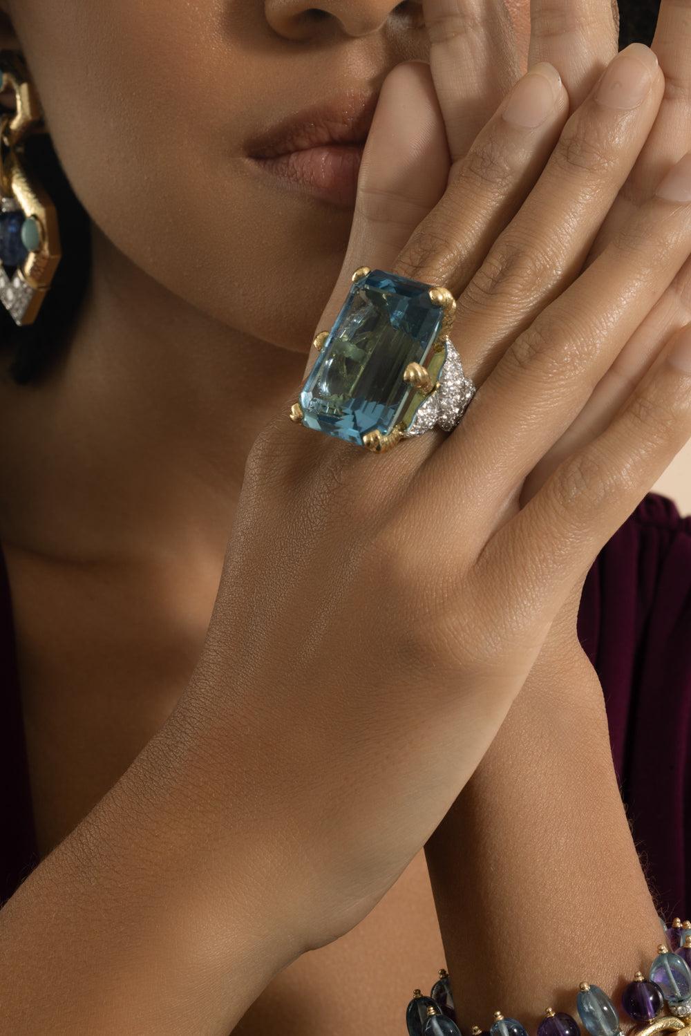 Aquamarine Diamond Couture Ring-YELLOW GOLD-JEWELRYFINE JEWELRING-DAVID WEBB