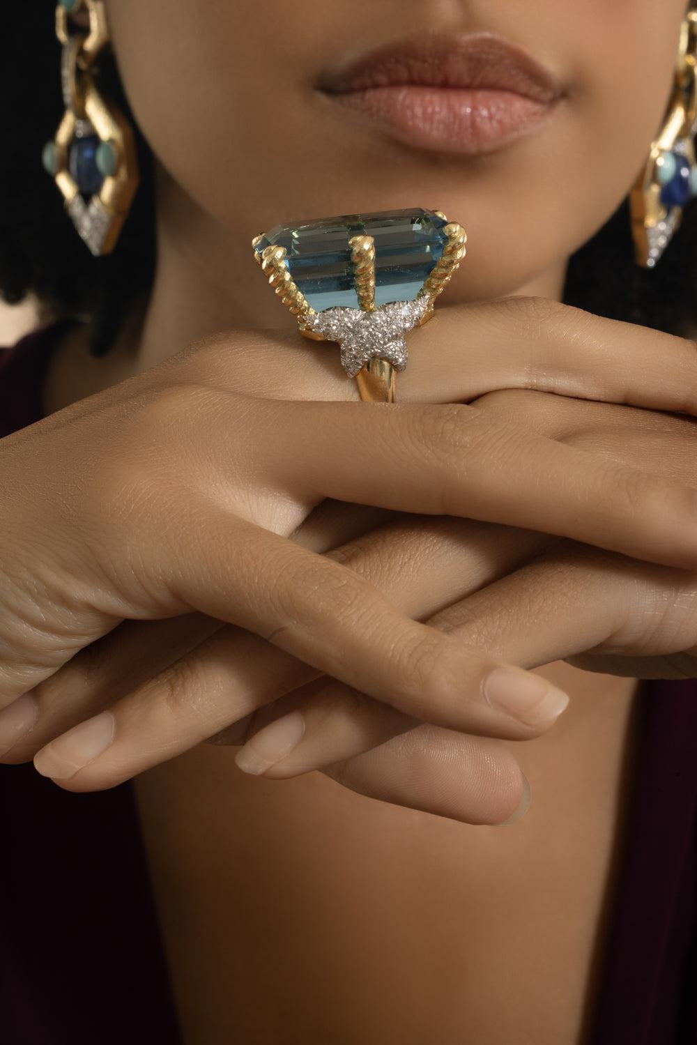Aquamarine Diamond Couture Ring-YELLOW GOLD-JEWELRYFINE JEWELRING-DAVID WEBB
