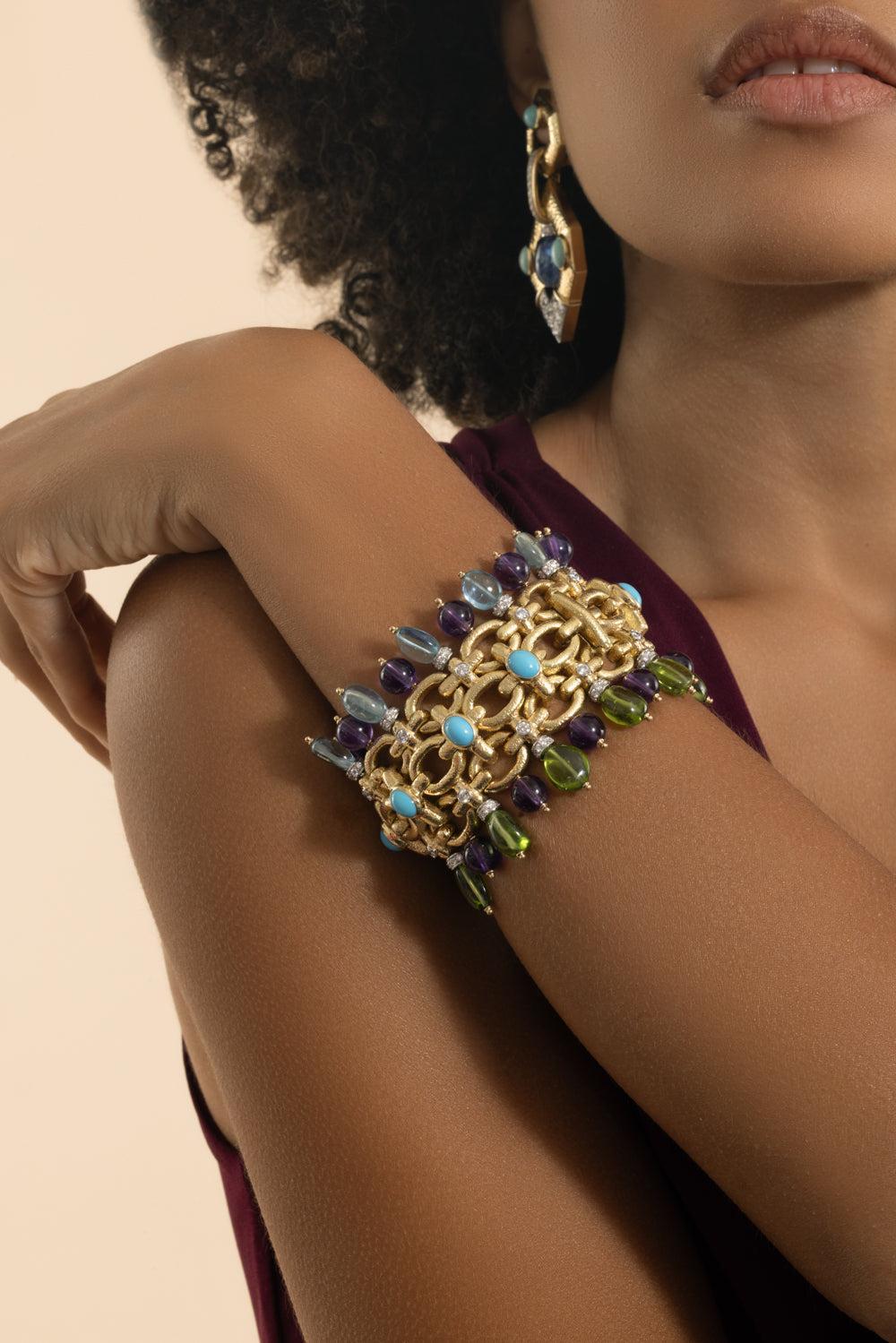 Aquamarine Peridot Diamond Brocade Bracelet-YELLOW GOLD-JEWELRYFINE JEWELBRACELET O-DAVID WEBB