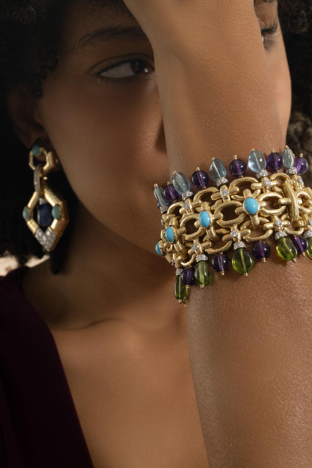Aquamarine Peridot Diamond Brocade Bracelet-YELLOW GOLD-JEWELRYFINE JEWELBRACELET O-DAVID WEBB