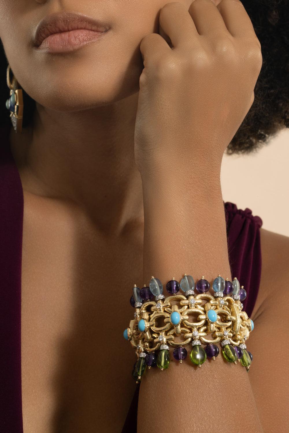 Aquamarine Peridot Diamond Brocade Bracelet-YELLOW GOLD-JEWELRYFINE JEWELBRACELET O-DAVID WEBB
