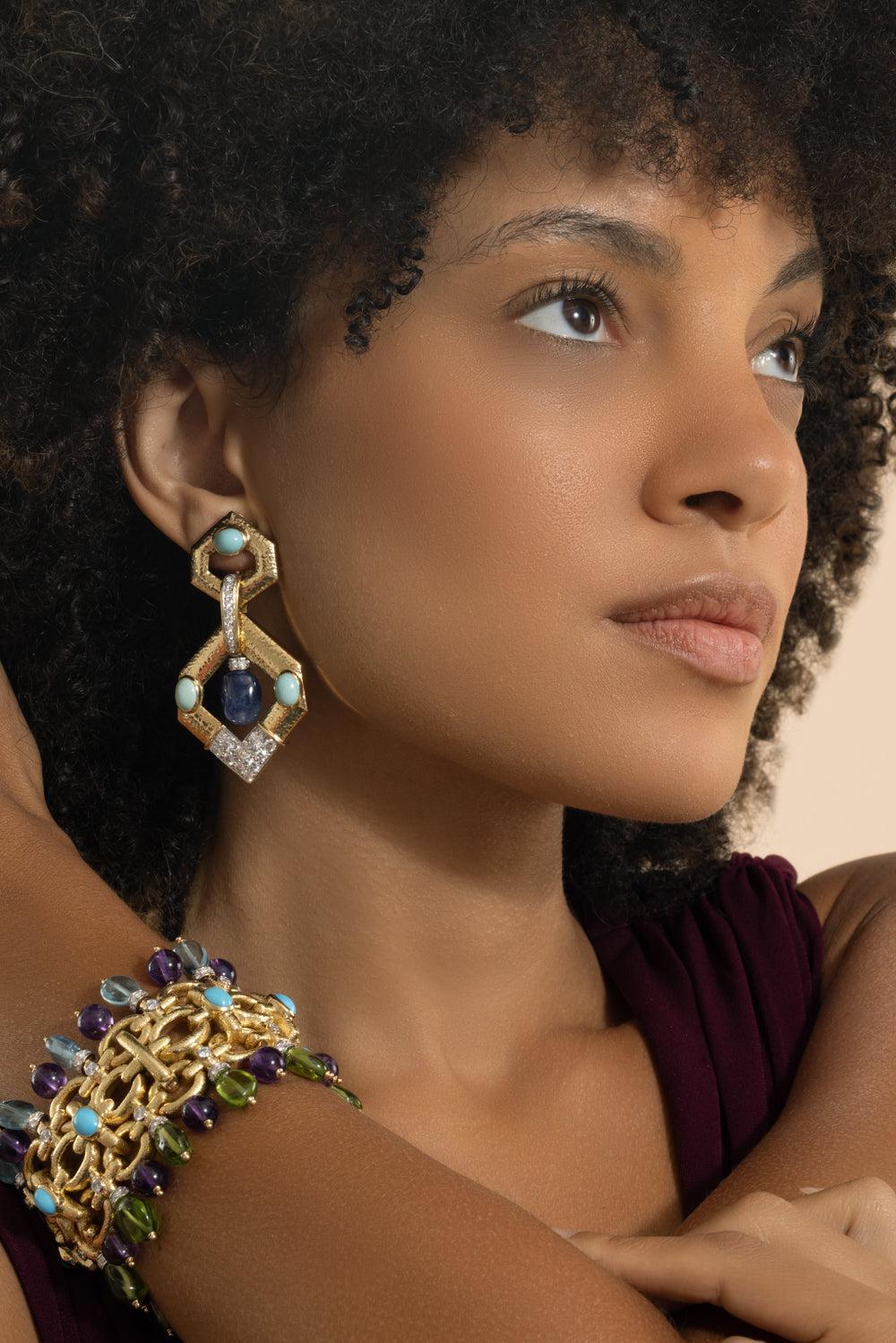 Sapphire Turquoise Diamond Hexagon Doorknocker Earrings-YELLOW GOLD-JEWELRYFINE JEWELEARRING-DAVID WEBB