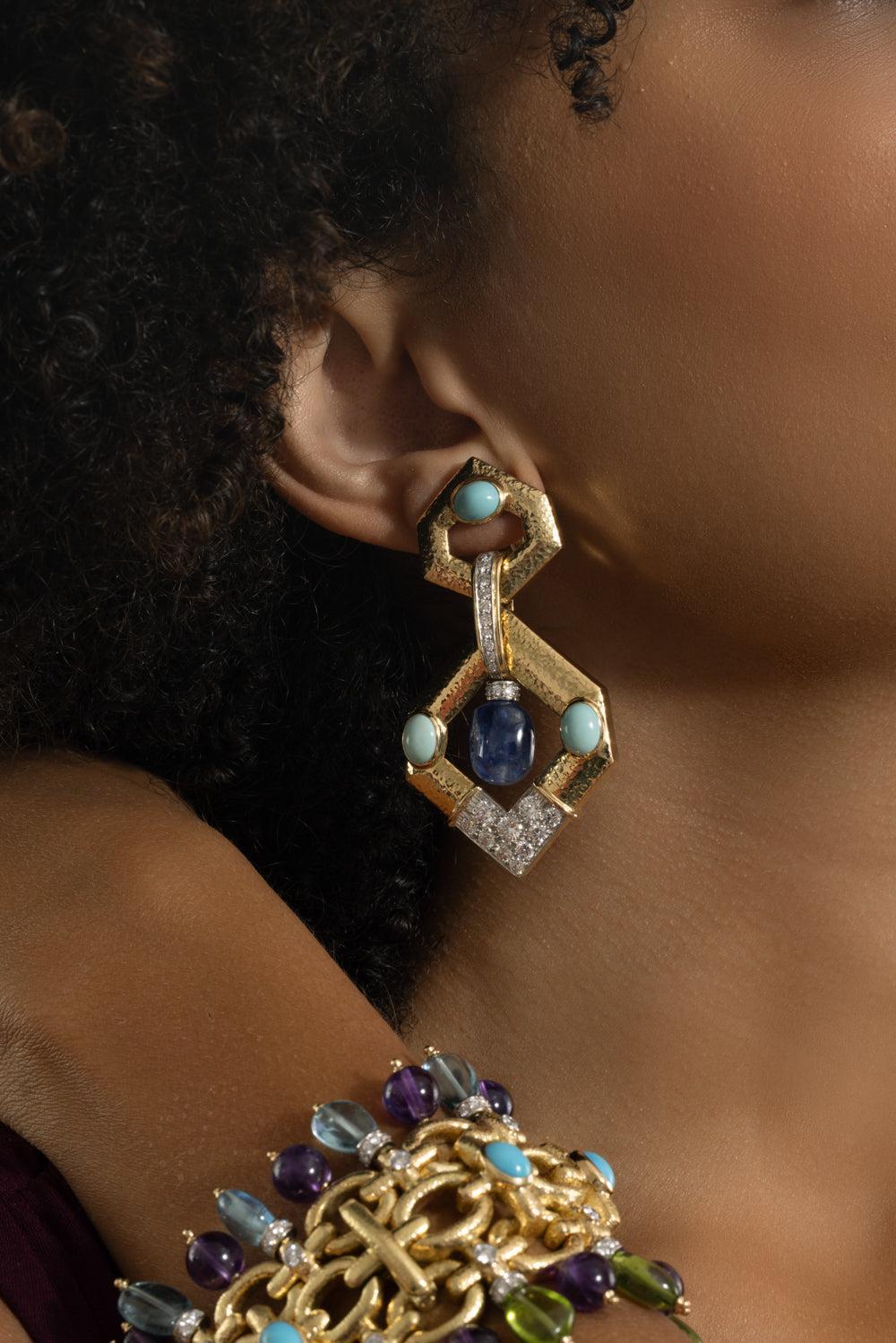 Sapphire Turquoise Diamond Hexagon Doorknocker Earrings-YELLOW GOLD-JEWELRYFINE JEWELEARRING-DAVID WEBB