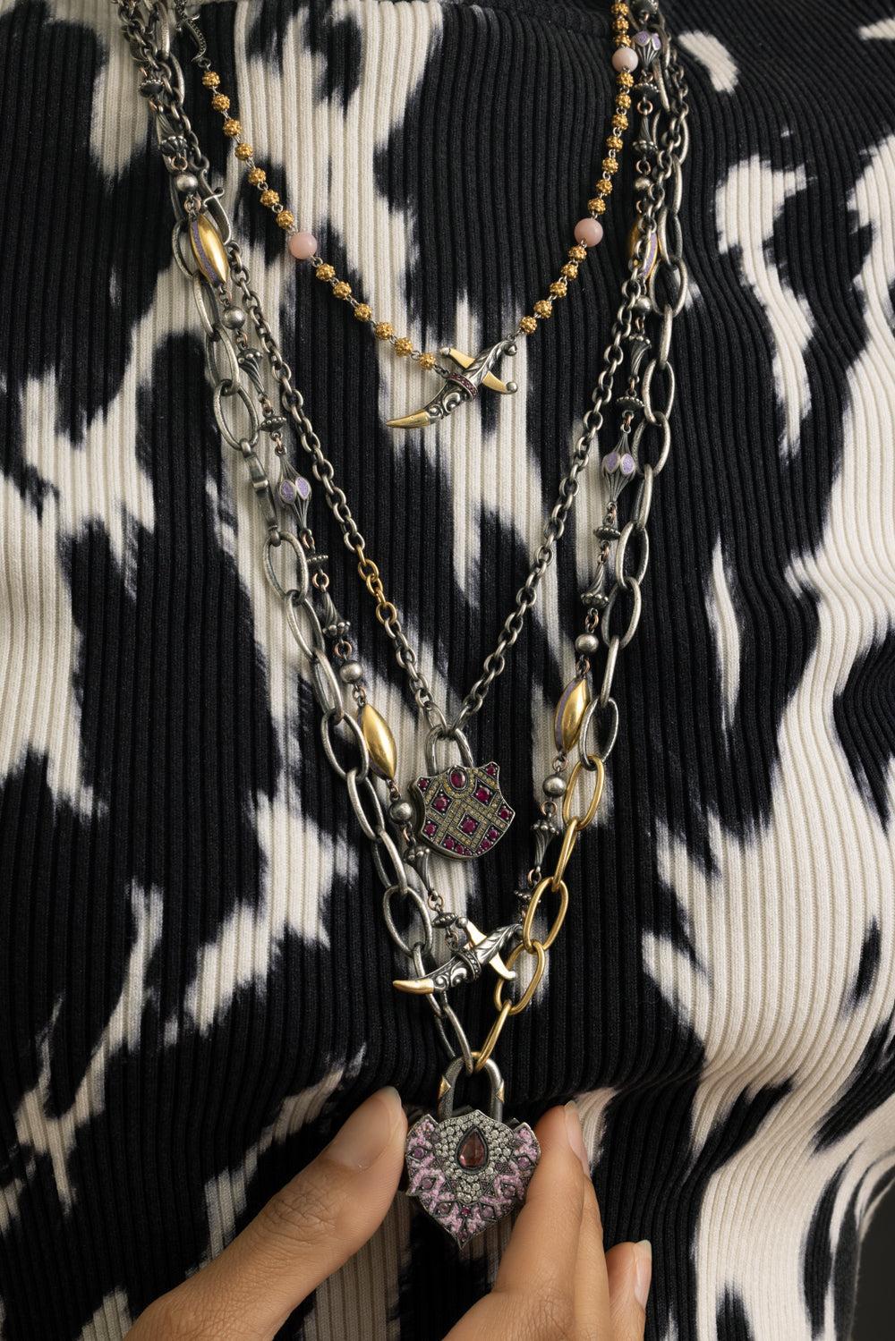 Pink Sapphire Diamond Tourmaline Large Padlock Pendant-YELLOW GOLD-JEWELRYFINE JEWELPENDANT-SEVAN BICAKCI
