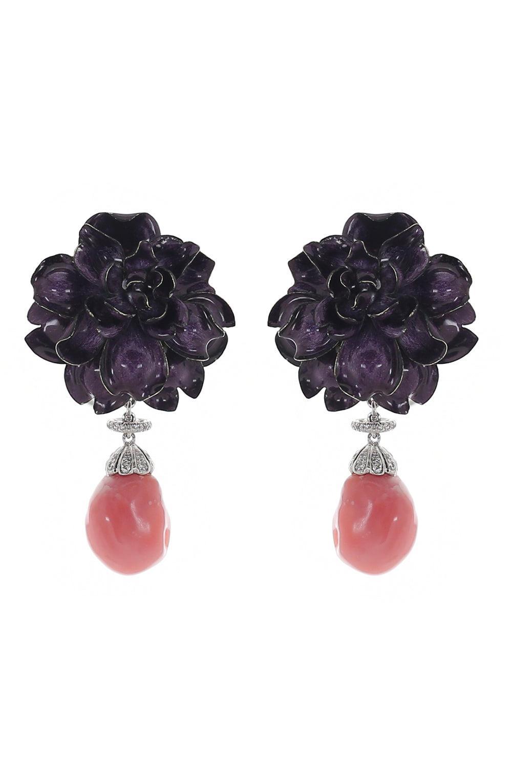 Conch Pearl Diamond Purple Flower Drop Earrings-WHITE GOLD-JEWELRYFINE JEWELEARRING-SABOO FINE JEWELS