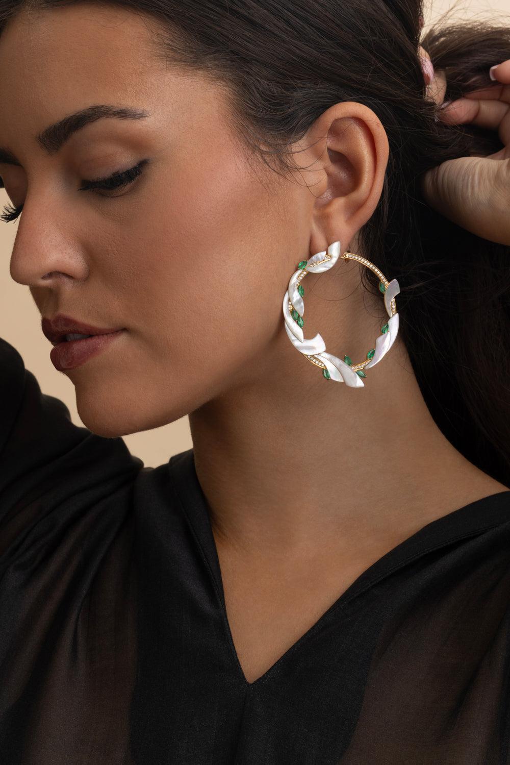 Emerald Mogra Coronation Hoop Earrings-YELLOW GOLD-JEWELRYFINE JEWELEARRING-ANANYA