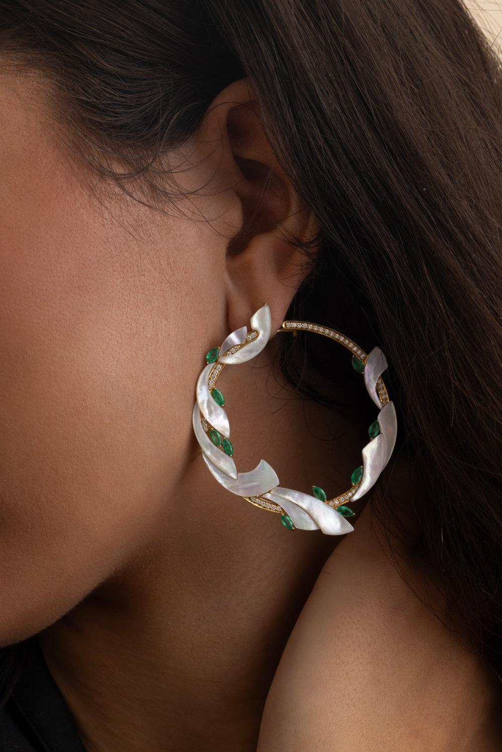 Emerald Mogra Coronation Hoop Earrings-YELLOW GOLD-JEWELRYFINE JEWELEARRING-ANANYA