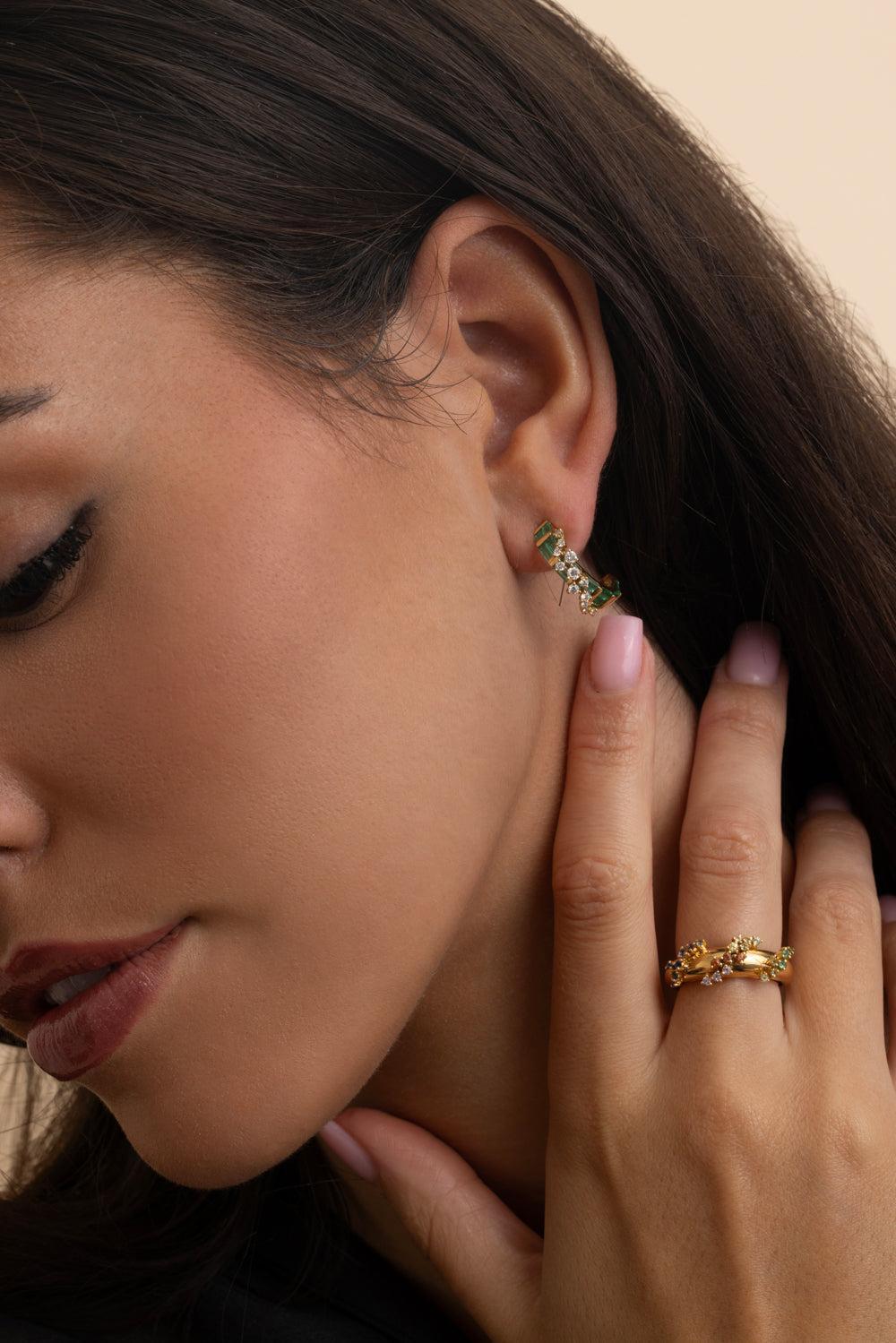 Emerald Diamond Baguette Scattered Hoop Earrings-YELLOW GOLD-JEWELRYFINE JEWELEARRING-ANANYA