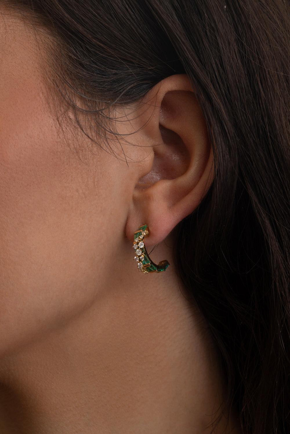 Emerald Diamond Baguette Scattered Hoop Earrings-YELLOW GOLD-JEWELRYFINE JEWELEARRING-ANANYA