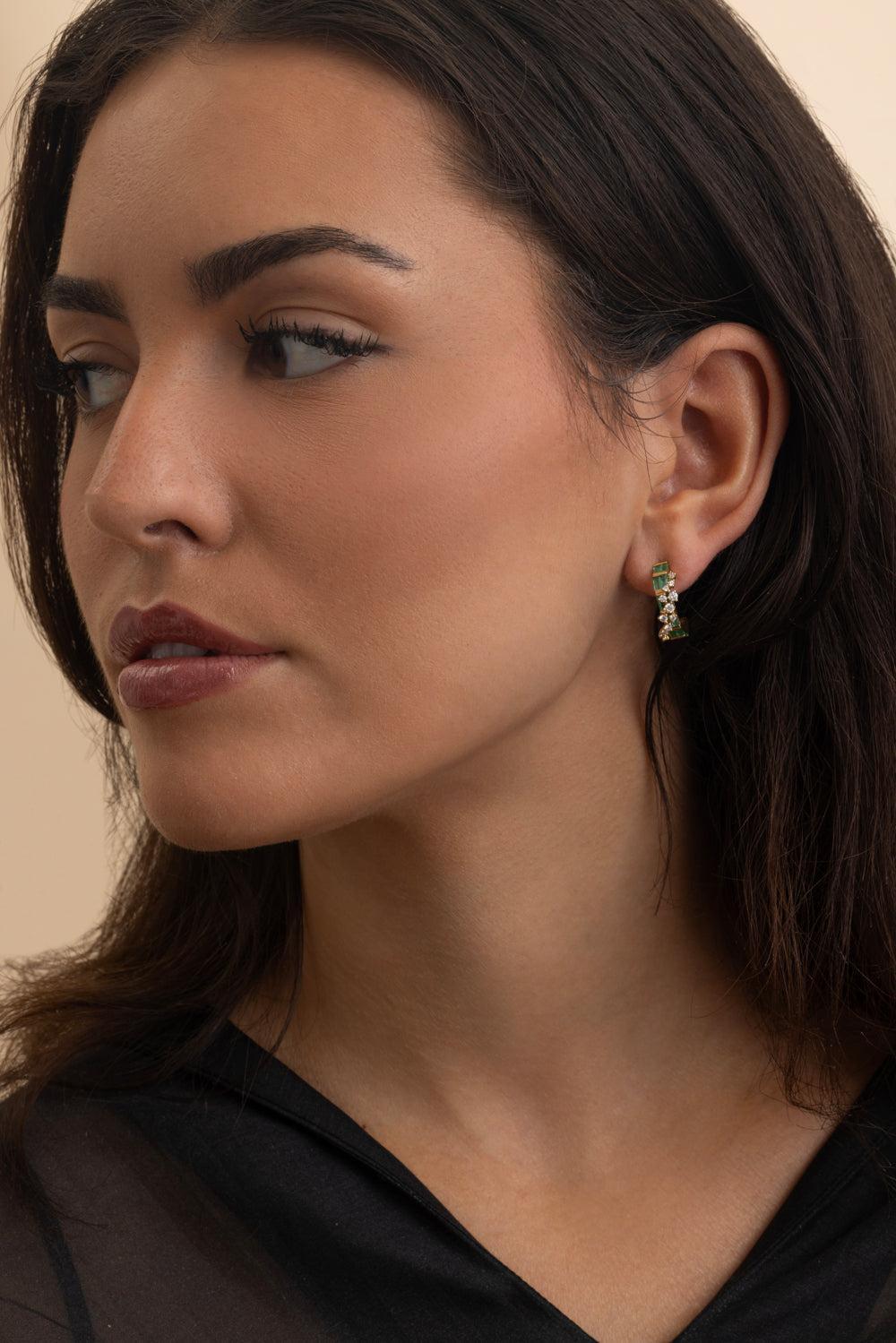 Emerald Diamond Baguette Scattered Hoop Earrings-YELLOW GOLD-JEWELRYFINE JEWELEARRING-ANANYA