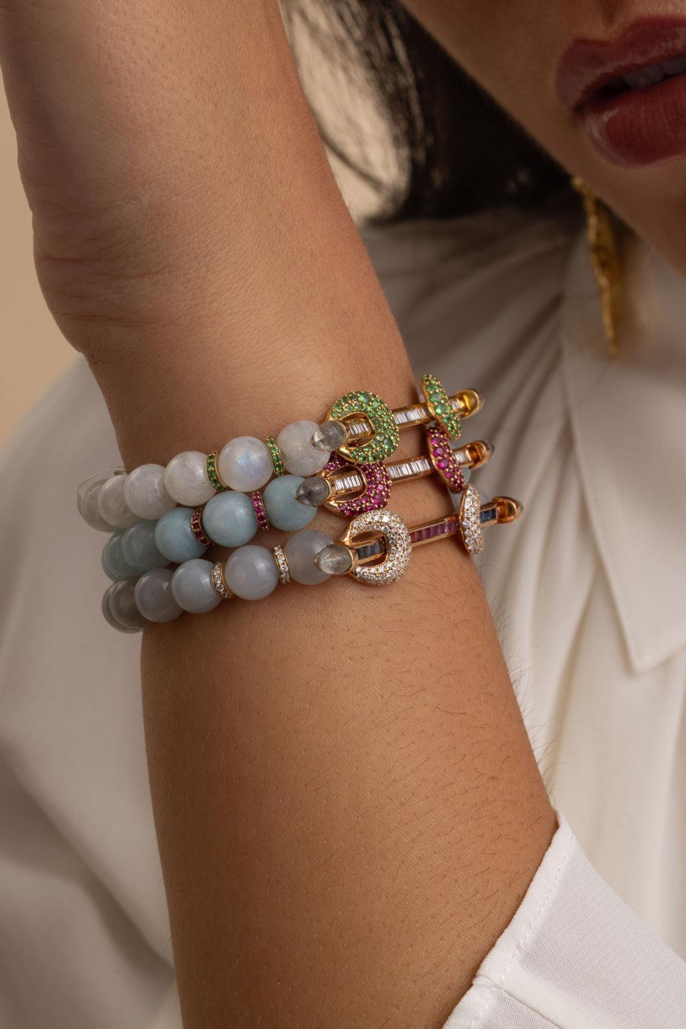 Diamond Rainbow Moonstone Chakra Bracelet-YELLOW GOLD-16CM-JEWELRYFINE JEWELBRACELET O-ANANYA