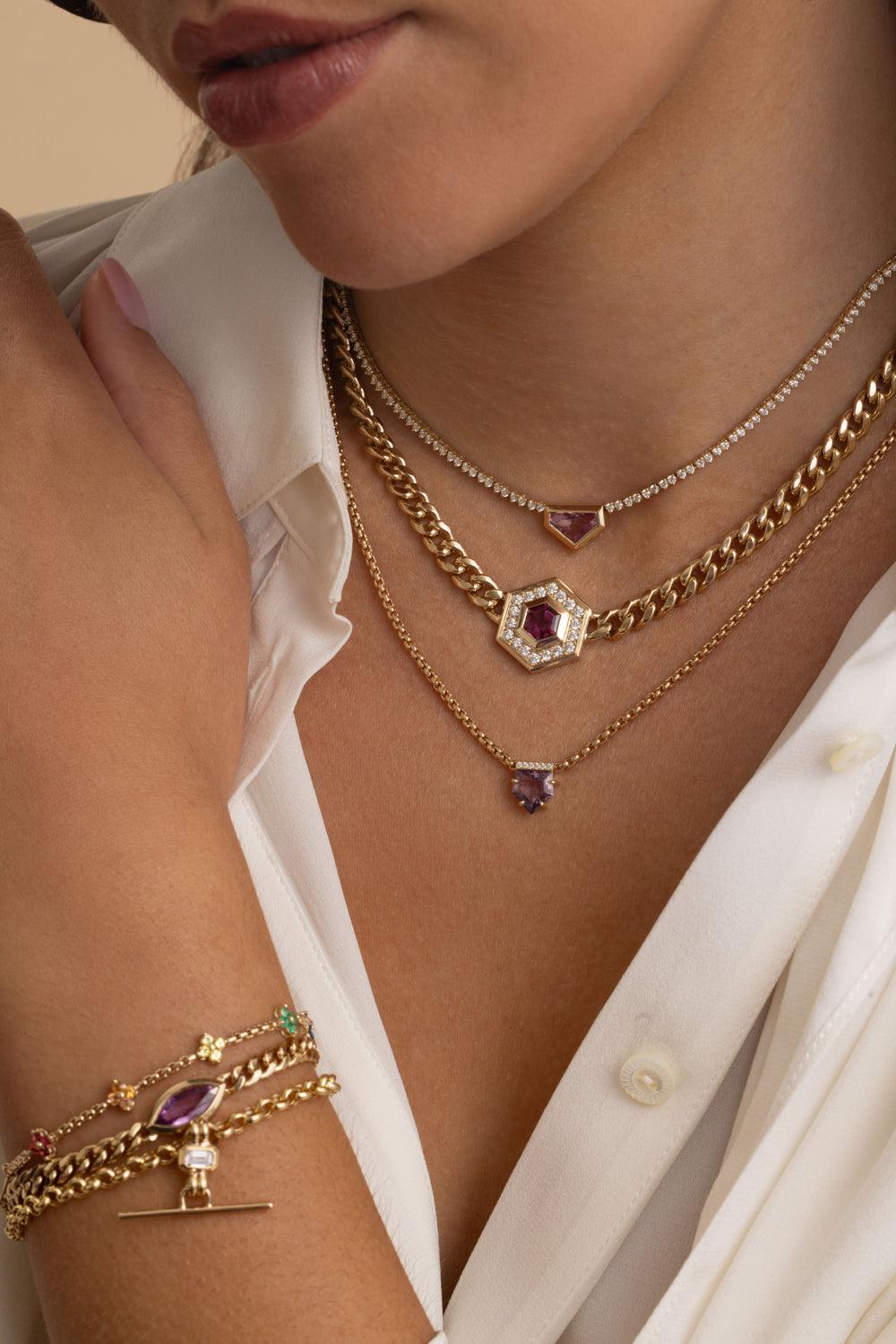 Pink Sapphire Shield Tennis Necklace-YELLOW GOLD-16-JEWELRYFINE JEWELNECKLACE O-ZOE CHICCO