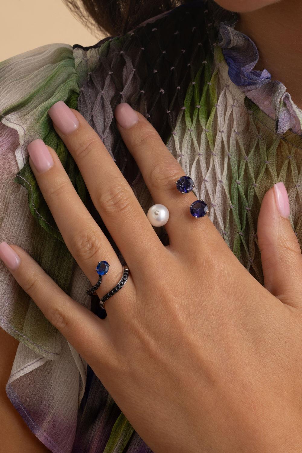 Iolite Pearl Torri Ring-WHITE GOLD-7-JEWELRYFINE JEWELRING-STEFERE