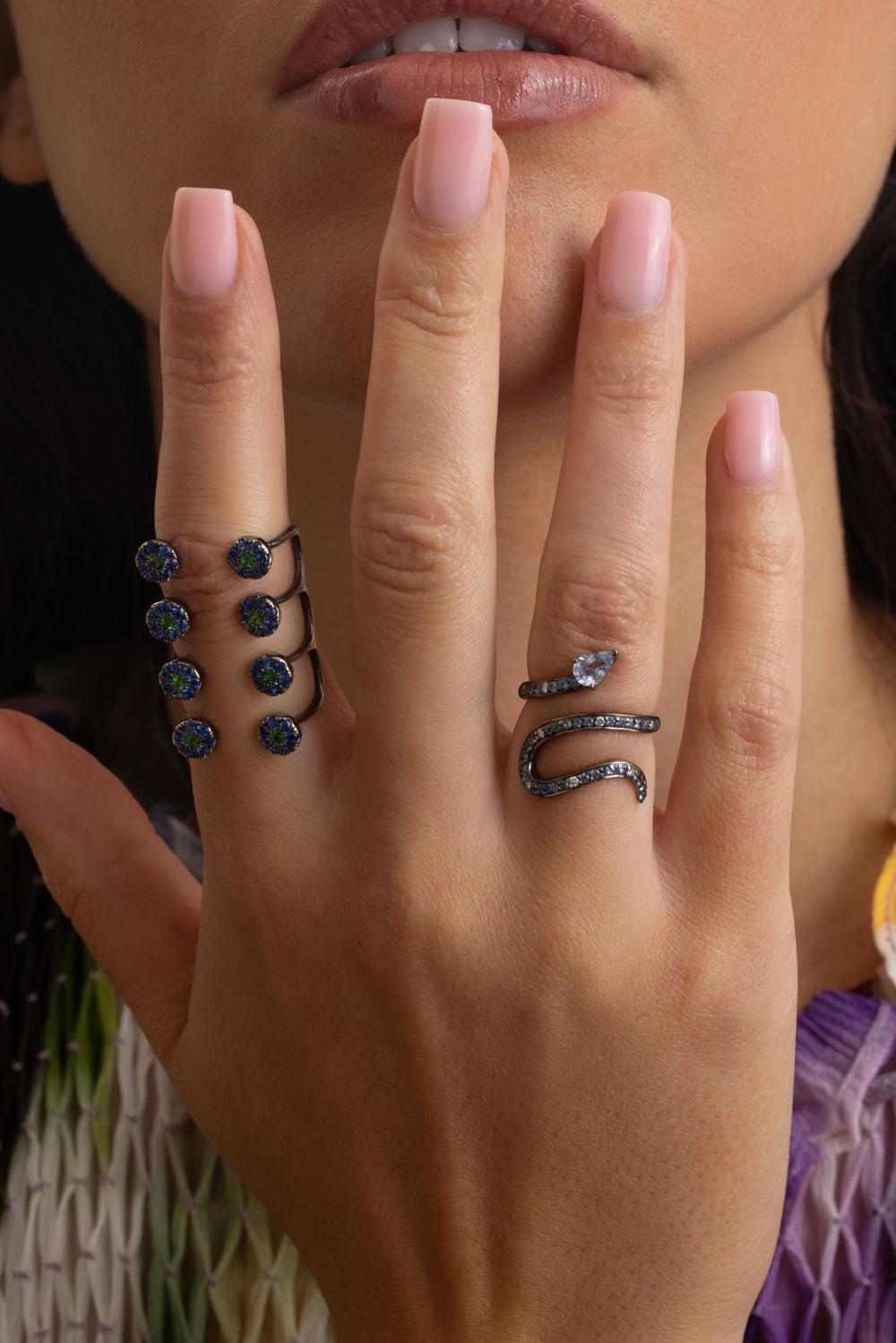 White Diamond Blue Sapphire Snake Ring-WHITE GOLD-6-JEWELRYFINE JEWELRING-STEFERE