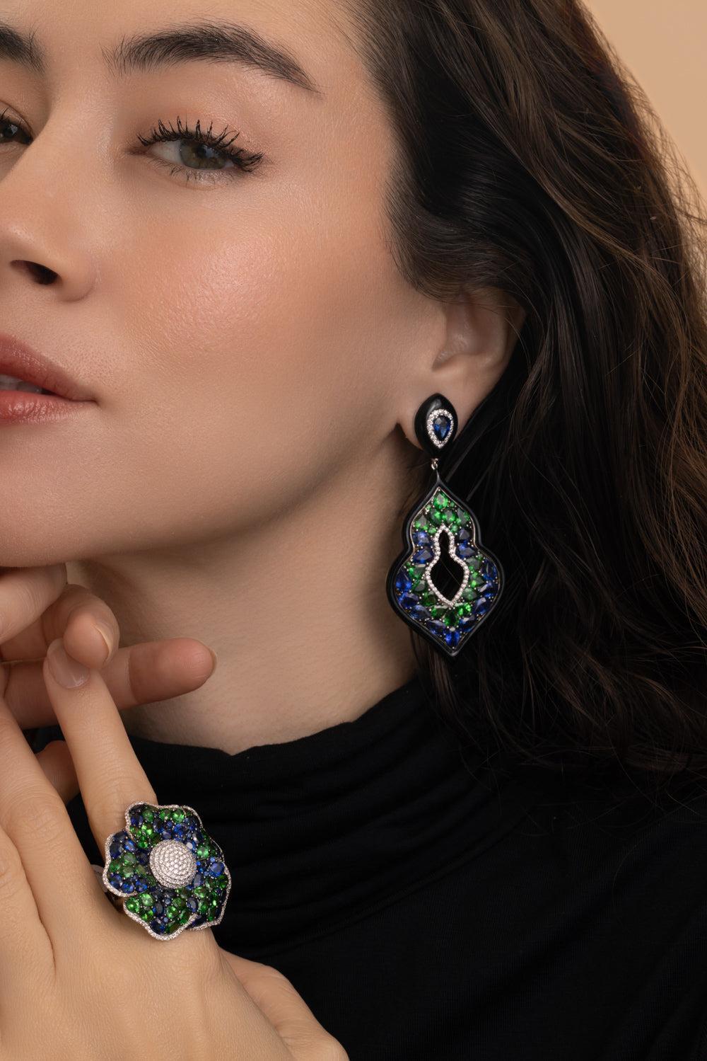 Blue sapphire Tsavorite Diamond Hoop Earrings-WHITE GOLD-JEWELRYFINE JEWELEARRING-STEFERE