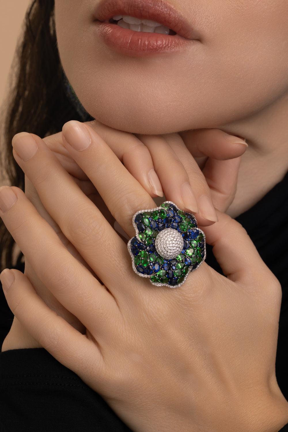 Diamond Tsavorite Flower Ring-WHITE GOLD-7.5-JEWELRYFINE JEWELRING-STEFERE