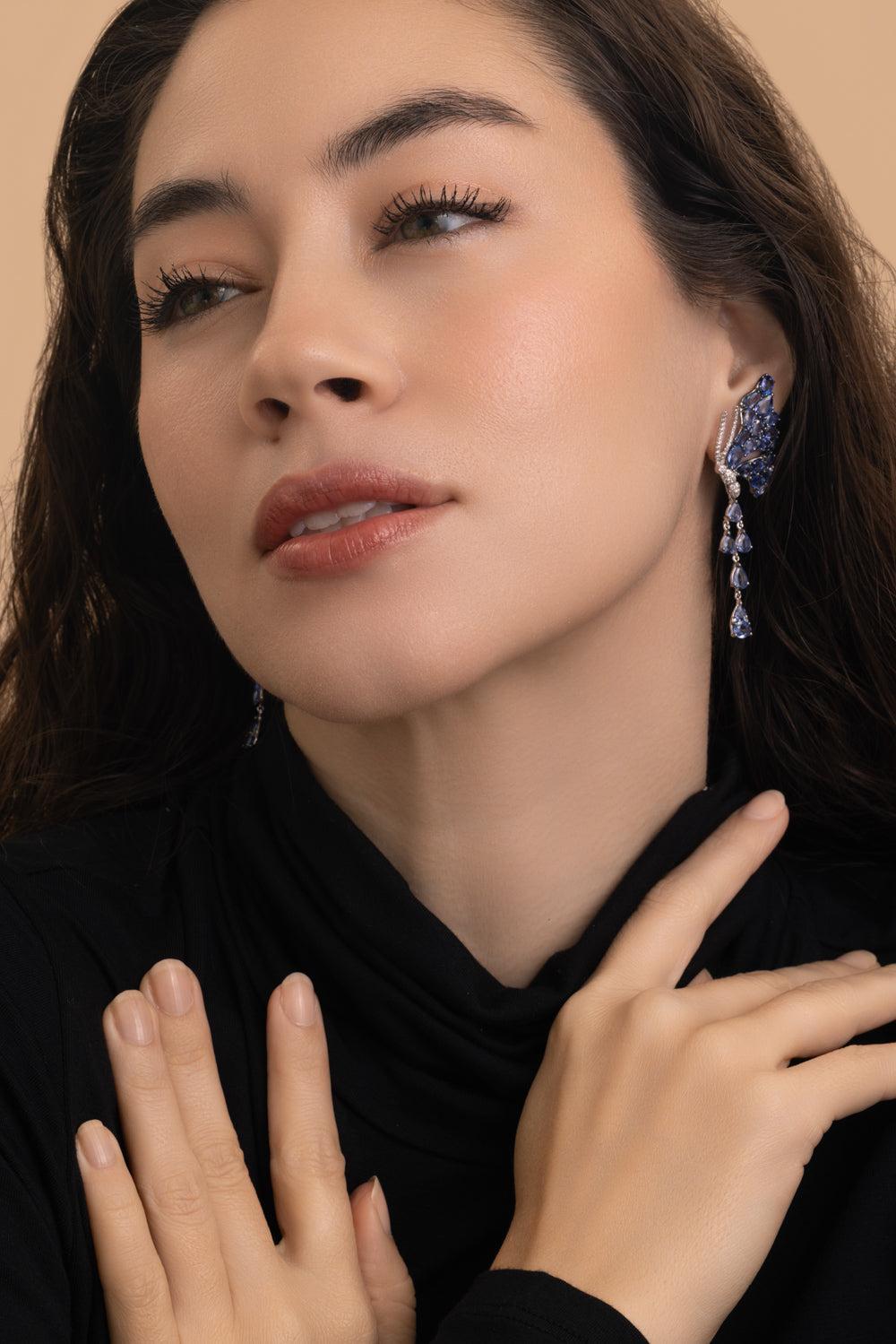 Blue Sapphire Butterfly Drop Earrings-WHITE GOLD-JEWELRYFINE JEWELEARRING-STEFERE
