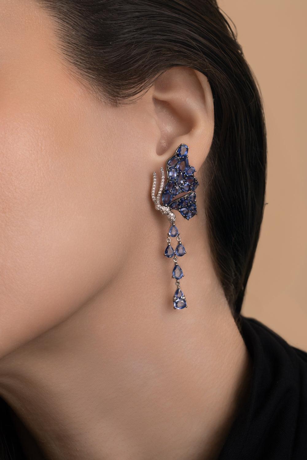 Blue Sapphire Butterfly Drop Earrings-WHITE GOLD-JEWELRYFINE JEWELEARRING-STEFERE