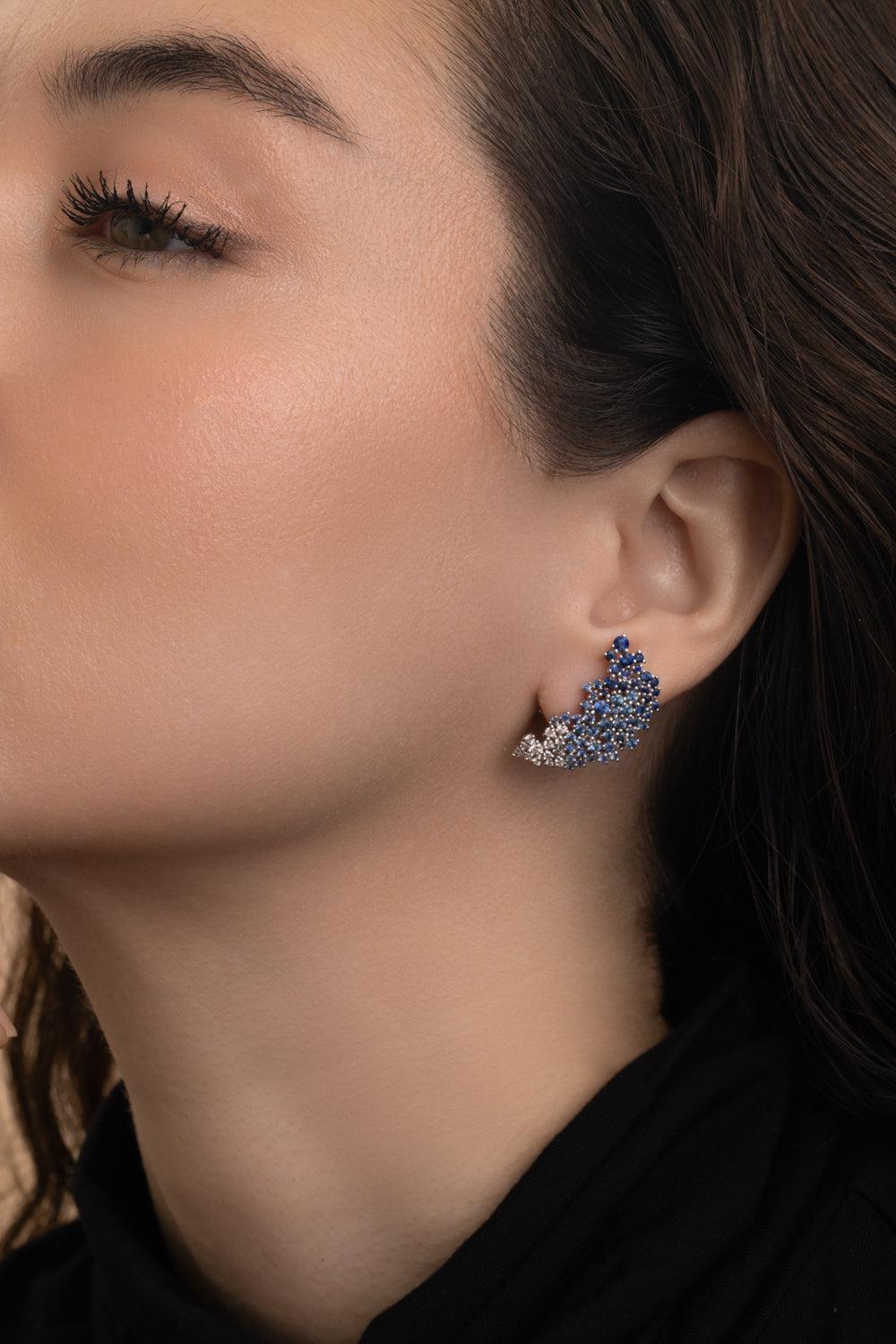 Blue Sapphire Ombre Scatter Ear Jackets-WHITE GOLD-JEWELRYFINE JEWELEARRING-ANANYA