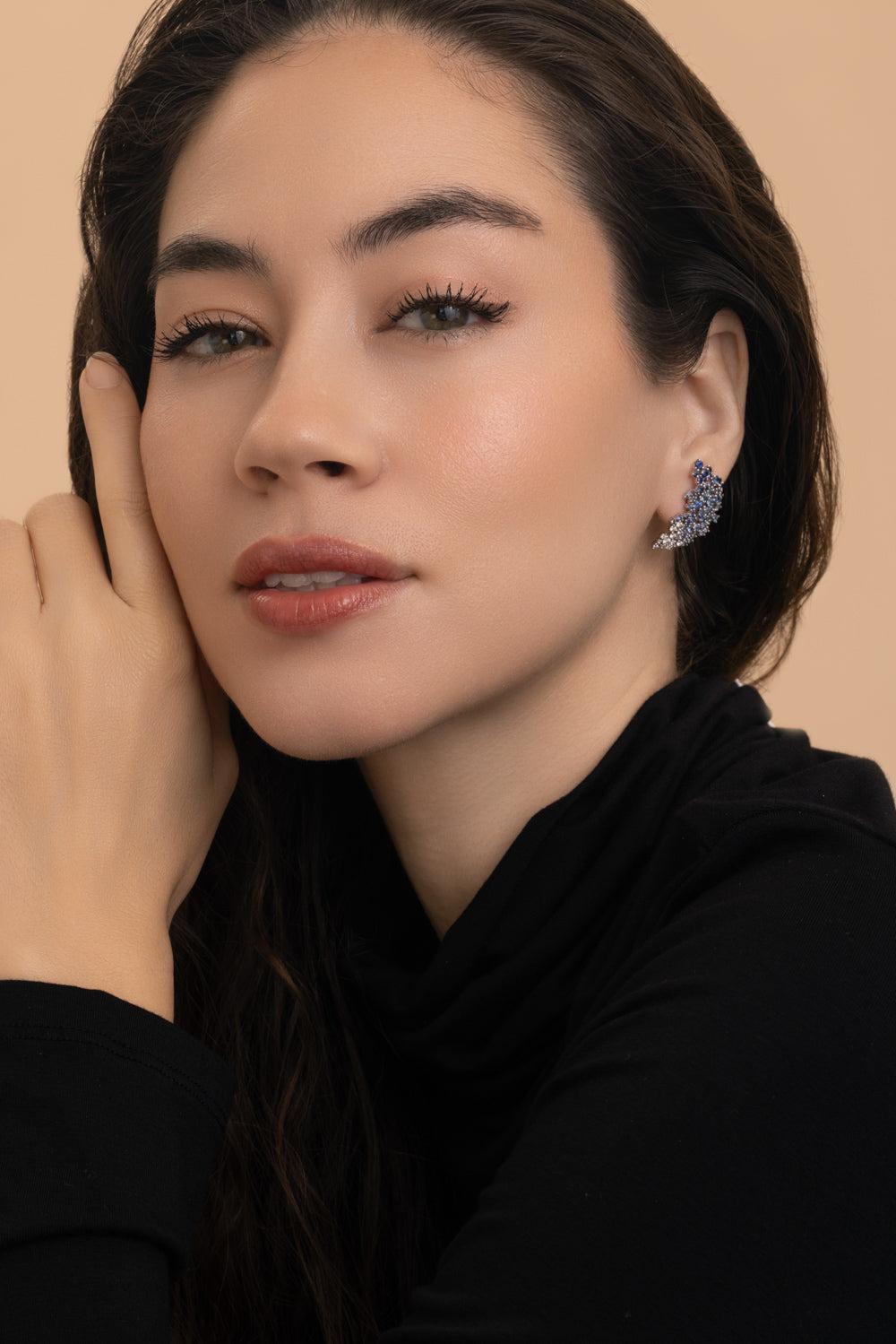 Blue Sapphire Ombre Scatter Ear Jackets-WHITE GOLD-JEWELRYFINE JEWELEARRING-ANANYA