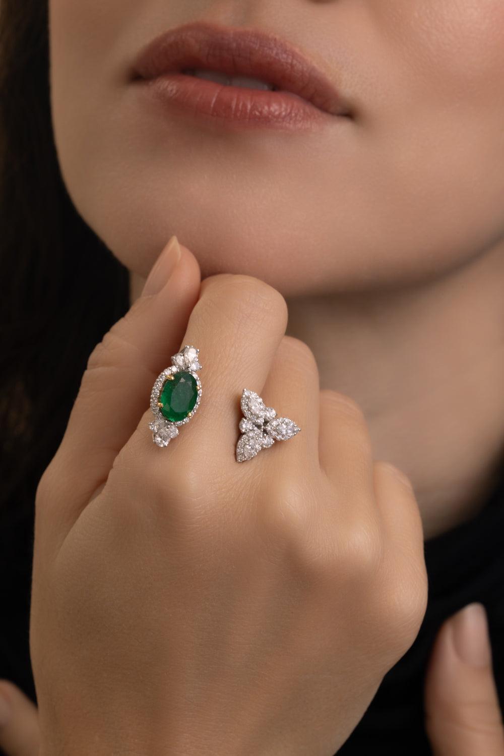 Emerald Diamond Open Reign Ring-WHITE GOLD-6.75-JEWELRYFINE JEWELRING-YEPREM JEWELLERY