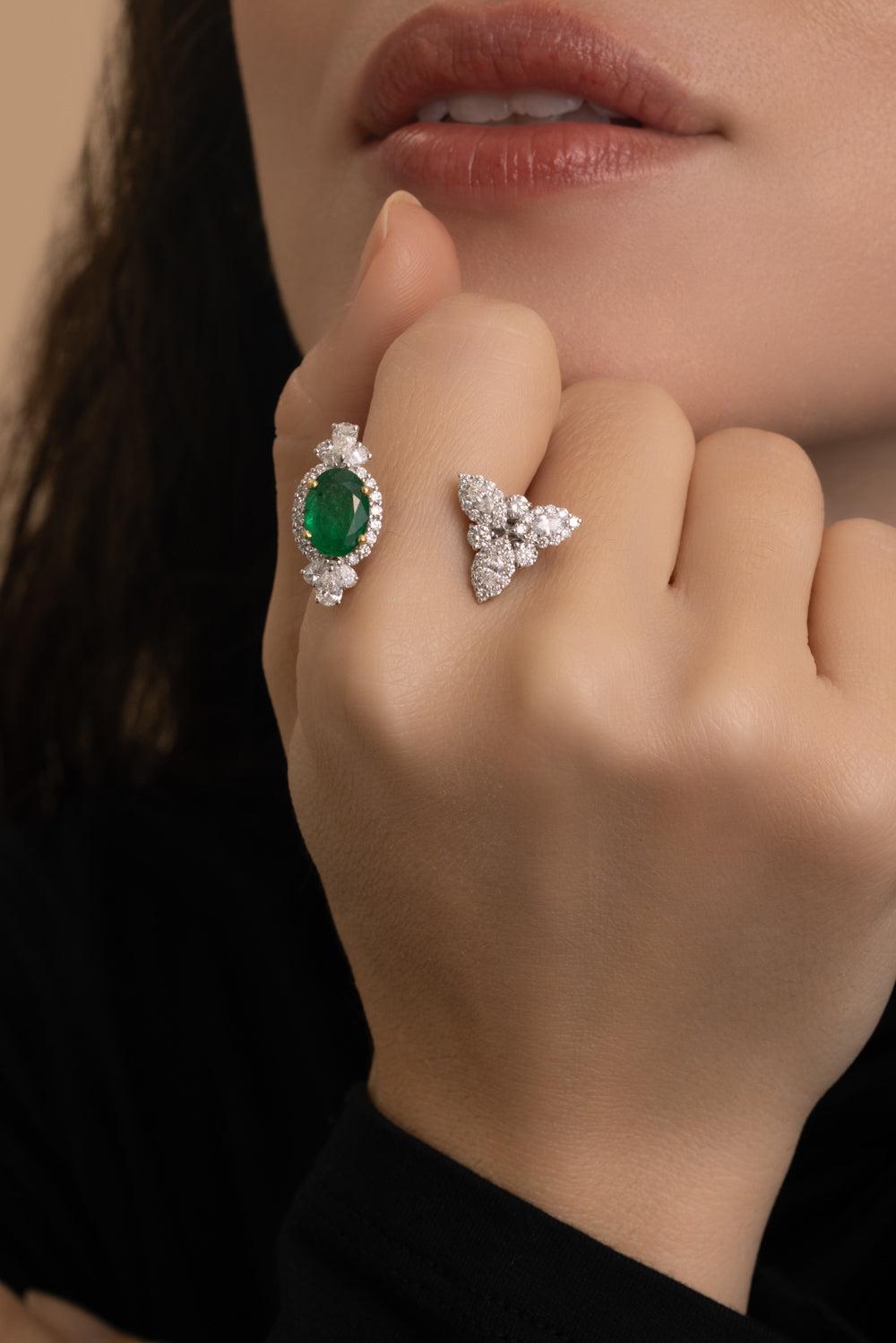 Emerald Diamond Open Reign Ring-WHITE GOLD-6.75-JEWELRYFINE JEWELRING-YEPREM JEWELLERY