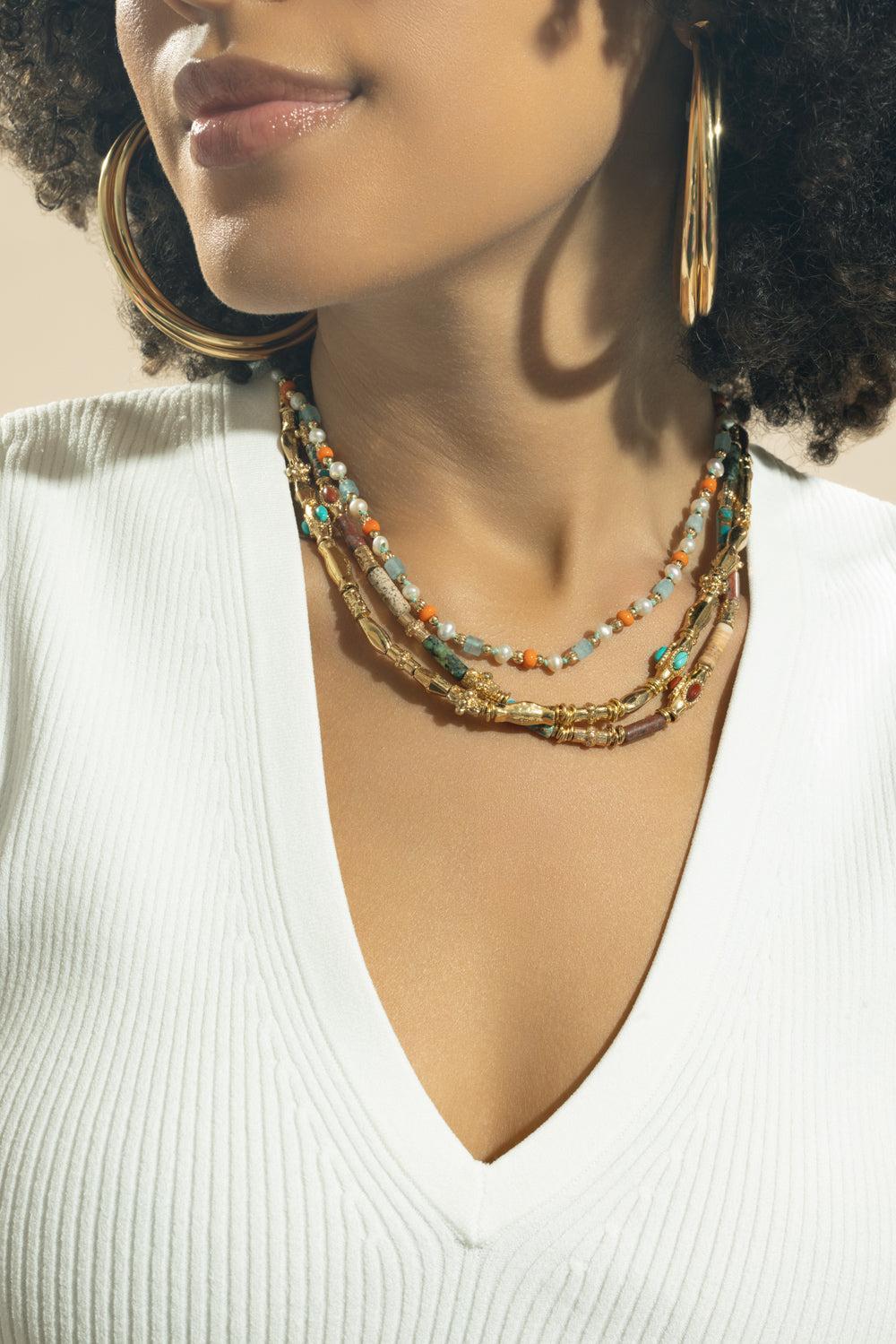 Turquoise Beaded Kali Necklace-TURQ/YLW-JEWELRYBOUTIQUENECKLACE O-GAS BIJOUX