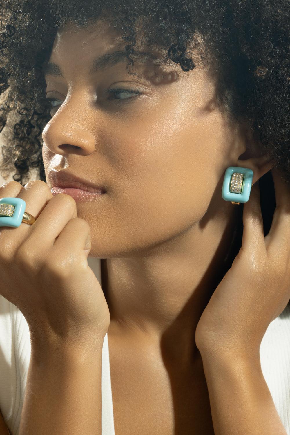Turquoise Diamond Center Earrings-YELLOW GOLD-JEWELRYFINE JEWELEARRING-ANDREOLI