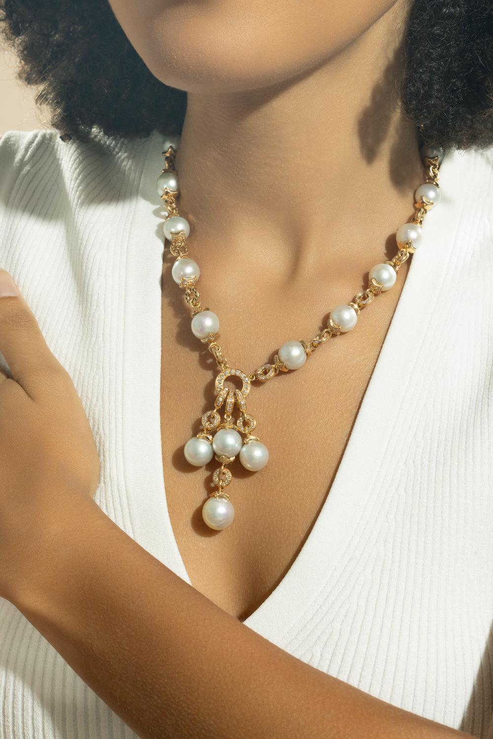 Pearl Diamond Drop Necklace-YELLOW GOLD-JEWELRYFINE JEWELNECKLACE O-ANDREOLI